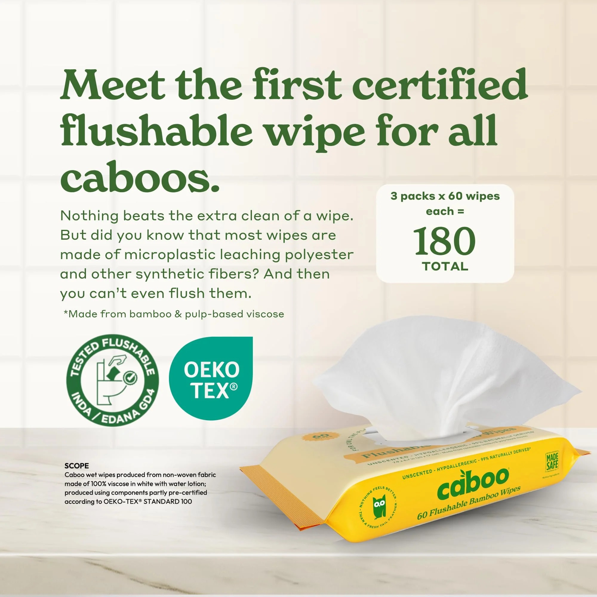 Caboo Tree Free Flushable Wipes, Certified Flushable, Septic Safe, Biodegradable, Chemical Free, Unscented Wipes for Adults made with Renewable Bamboo Based Viscose (Pack of 3, Total of 180) - Image 9