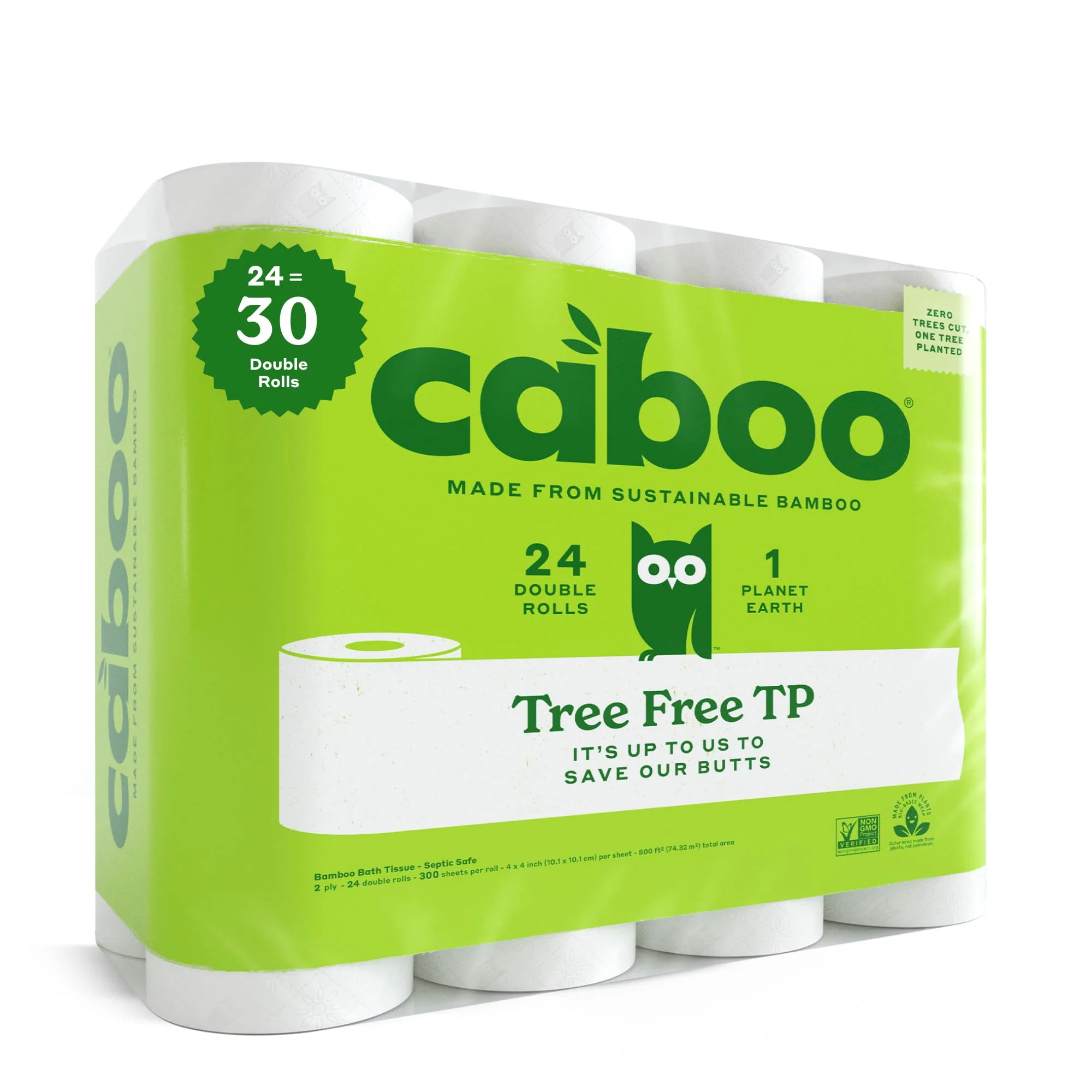 Caboo Tree Free Toilet Paper | Septic Safe, Eco Friendly, Chemical Free, Non Toxic | 2 Ply Toilet Tissue, Pack of 24 Double Rolls, 300 Sheets Per Roll