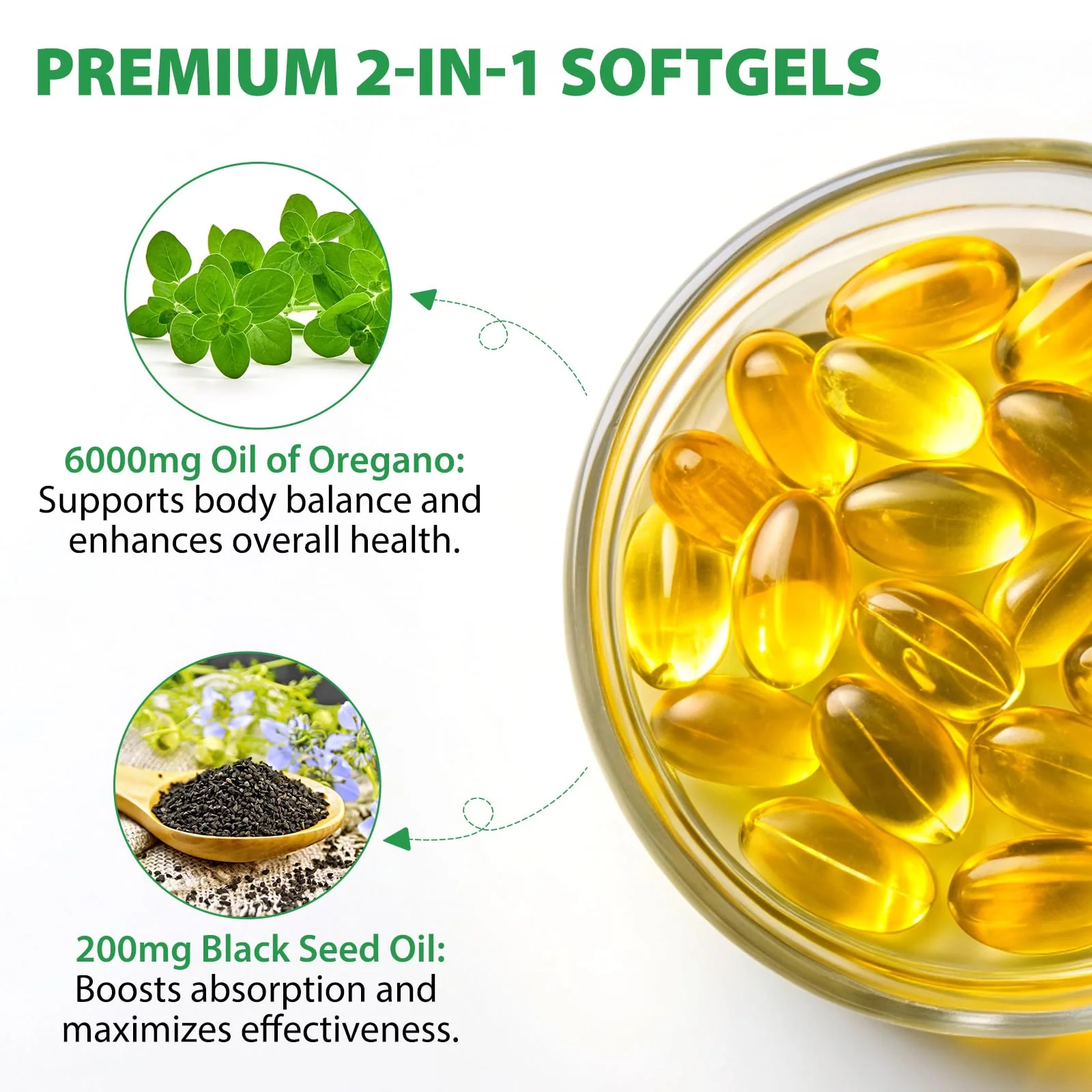 Cacukn Oil of Oregano Capsules with Black Seed Oil, 6000mg Oregano Oil & 200mg Black Seed Oil per Serving, Immune Support, Non-GMO, Gluten Free, 240 Softgels - Image 4