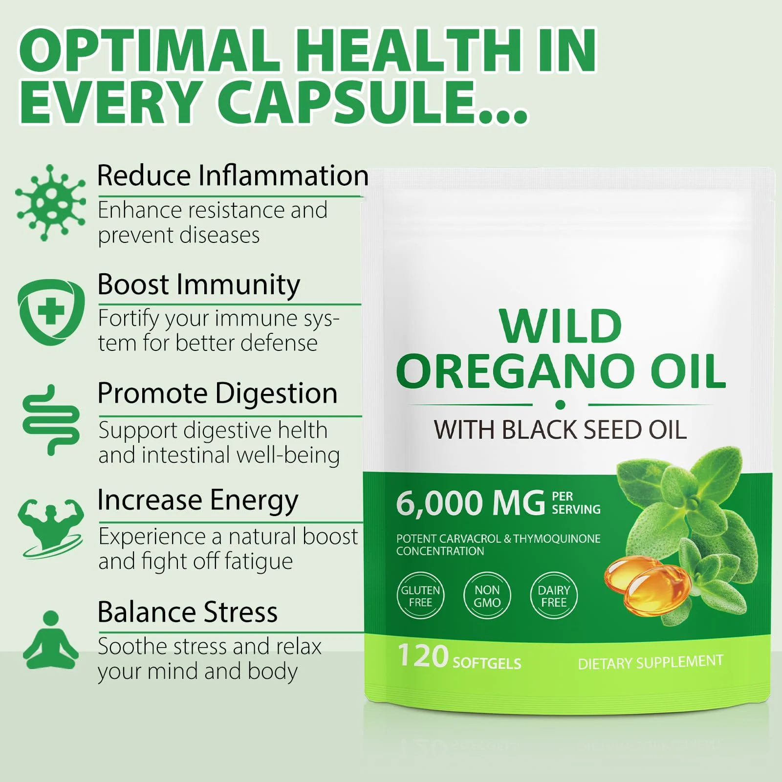 Cacukn Oil of Oregano Capsules with Black Seed Oil, 6000mg Oregano Oil & 200mg Black Seed Oil per Serving, Immune Support, Non-GMO, Gluten Free, 240 Softgels - Image 5