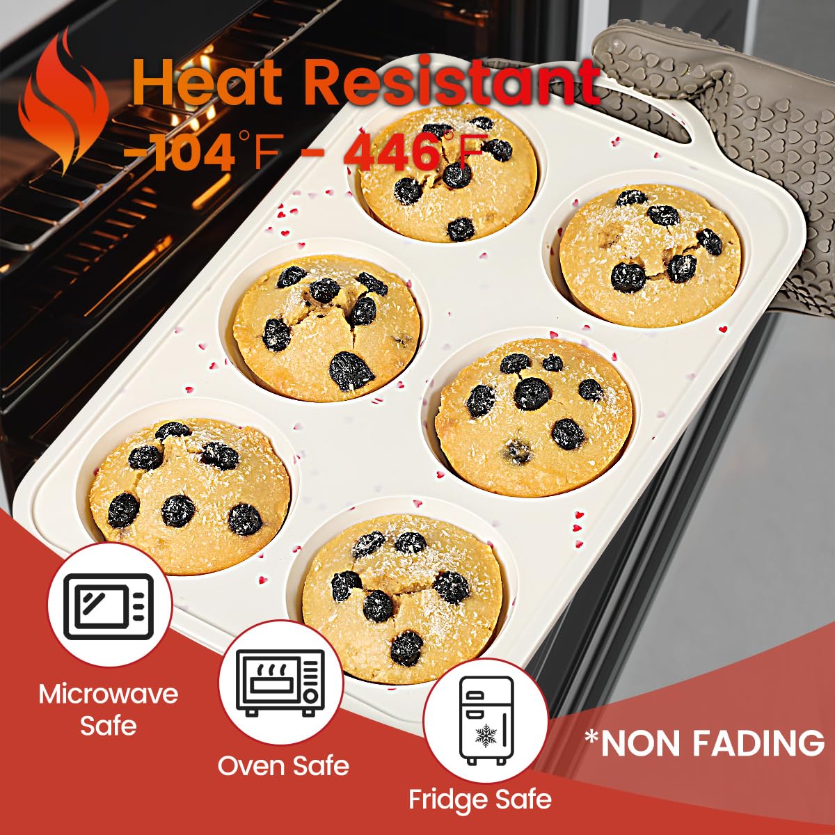 CAKETIME Large Muffin Pan, Metal Reinforced Frame 3.5 Inch Jumbo Silicone Muffin Pan Nonstick 6 Cups for Baking Jumbo Muffin, Frittatas, Cupcakes 2 Pack Love Heart - Image 4