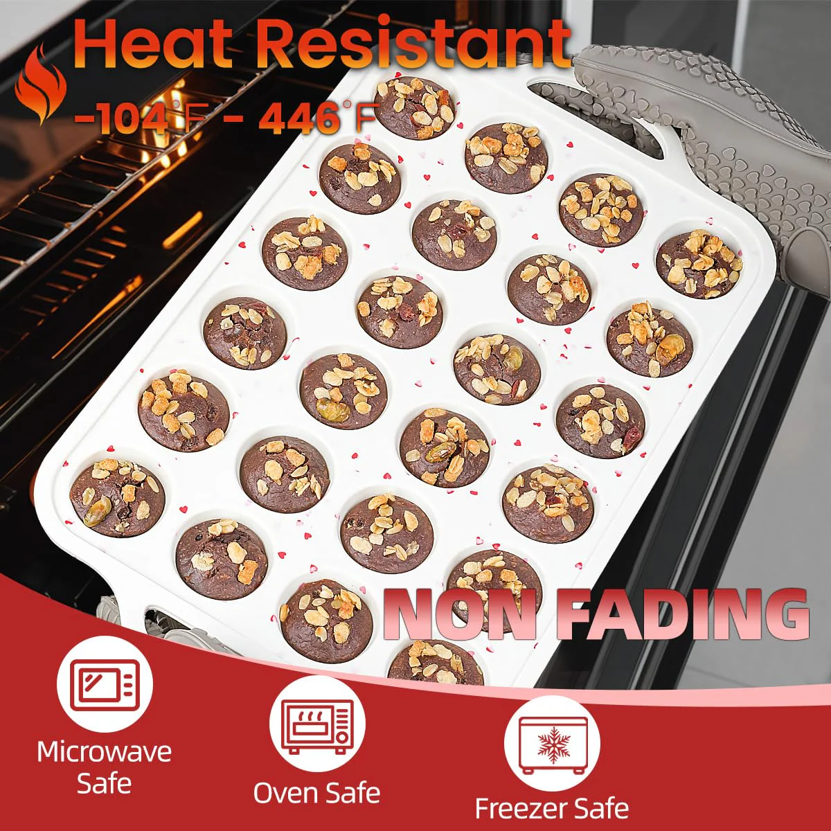 CAKETIME Mini Muffin Pan, Metal Reinforced Frame Mini Cupcake Pans 24 Cups Nonstick Muffin Silicone Molds with Handle for Baking Muffins, Cupcakes, Egg Bites 2 Pack Heart-Shaped - Image 4