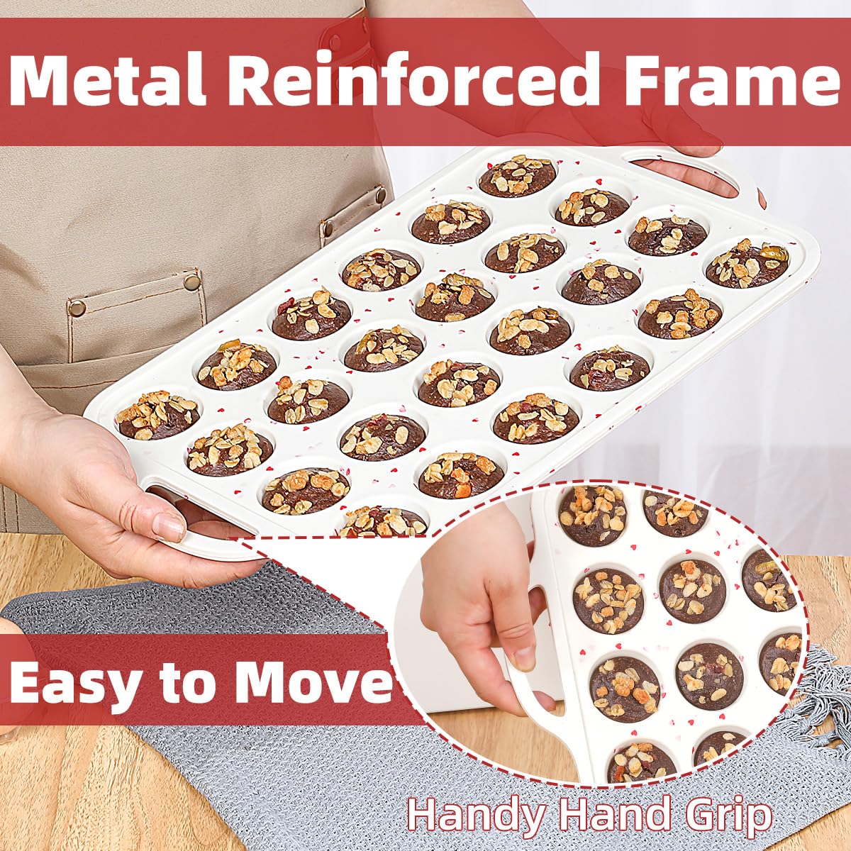 CAKETIME Mini Muffin Pan, Metal Reinforced Frame Mini Cupcake Pans 24 Cups Nonstick Muffin Silicone Molds with Handle for Baking Muffins, Cupcakes, Egg Bites 2 Pack Heart-Shaped - Image 7