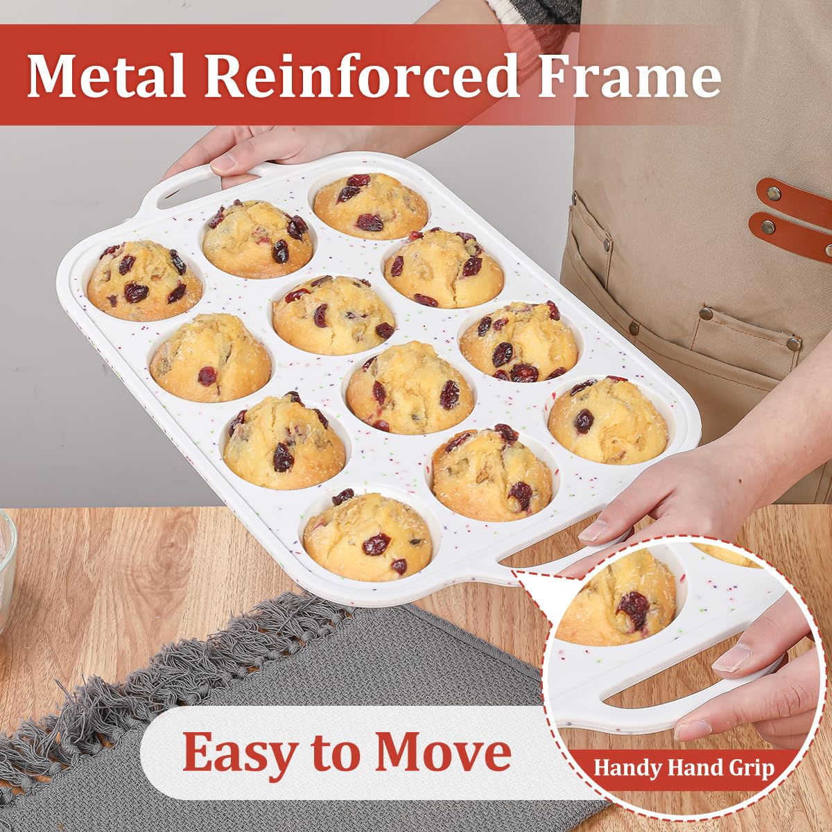 CAKETIME Silicone Muffin Pan with Metal Frame, Metal Reinforced Frame Regular Size Cupcake Pan with Handle 12 Cups Nonstick Muffin Pan for Baking BPA Free 2 Pack - Image 3