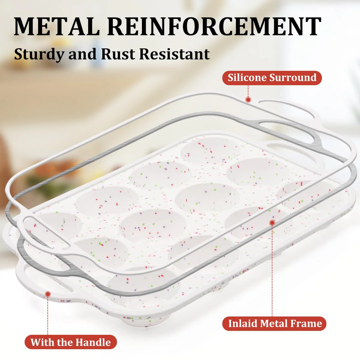 CAKETIME Silicone Muffin Pan with Metal Frame, Metal Reinforced Frame Regular Size Cupcake Pan with Handle 12 Cups Nonstick Muffin Pan for Baking BPA Free 2 Pack - Image 7