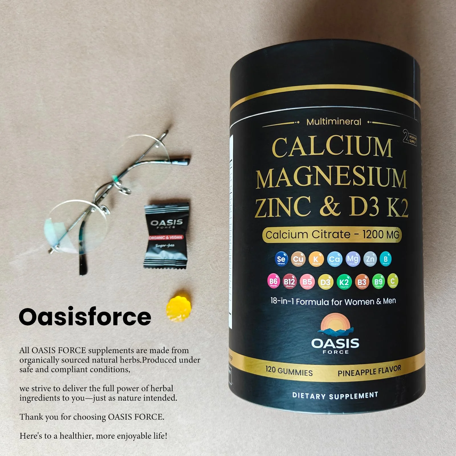 Calcium 1200 mg with Vitamin D3 Gummies, Calcium Citrate Supplements for Women & Men with Magnesium, Zinc, Vitamin D3 & K2, Potassium, Chews for Bone Strength & Muscle Support, Sugar Free, Vegan - Image 2