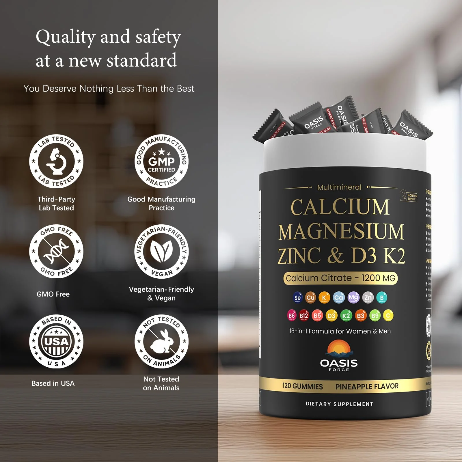 Calcium 1200 mg with Vitamin D3 Gummies, Calcium Citrate Supplements for Women & Men with Magnesium, Zinc, Vitamin D3 & K2, Potassium, Chews for Bone Strength & Muscle Support, Sugar Free, Vegan - Image 3