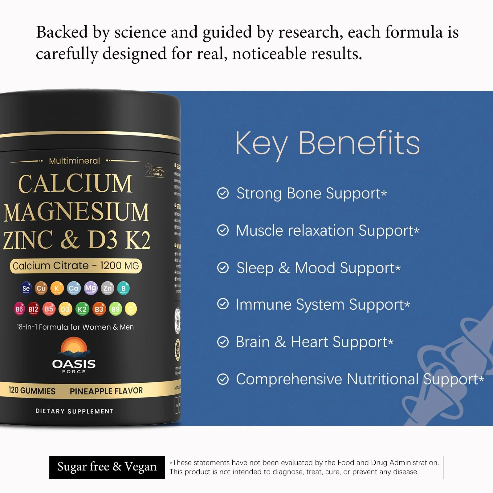 Calcium 1200 mg with Vitamin D3 Gummies, Calcium Citrate Supplements for Women & Men with Magnesium, Zinc, Vitamin D3 & K2, Potassium, Chews for Bone Strength & Muscle Support, Sugar Free, Vegan - Image 8