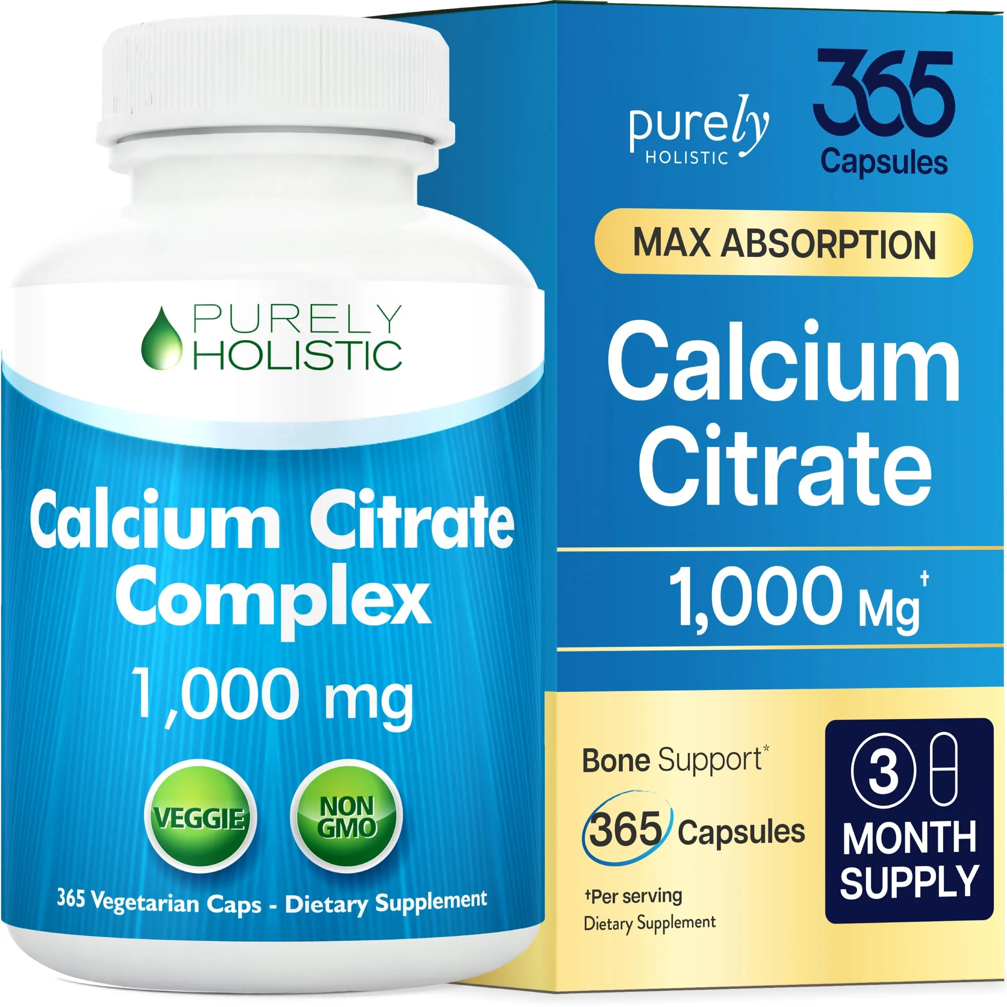 Calcium Citrate 1000mg | Healthy Bone & Teeth Support | High Absorption Cal Citrate | Gentle on Digestion | Vegan & Non-GMO | 3 Month Supply | Calcium Supplements for Women & Men | 365 Capsules