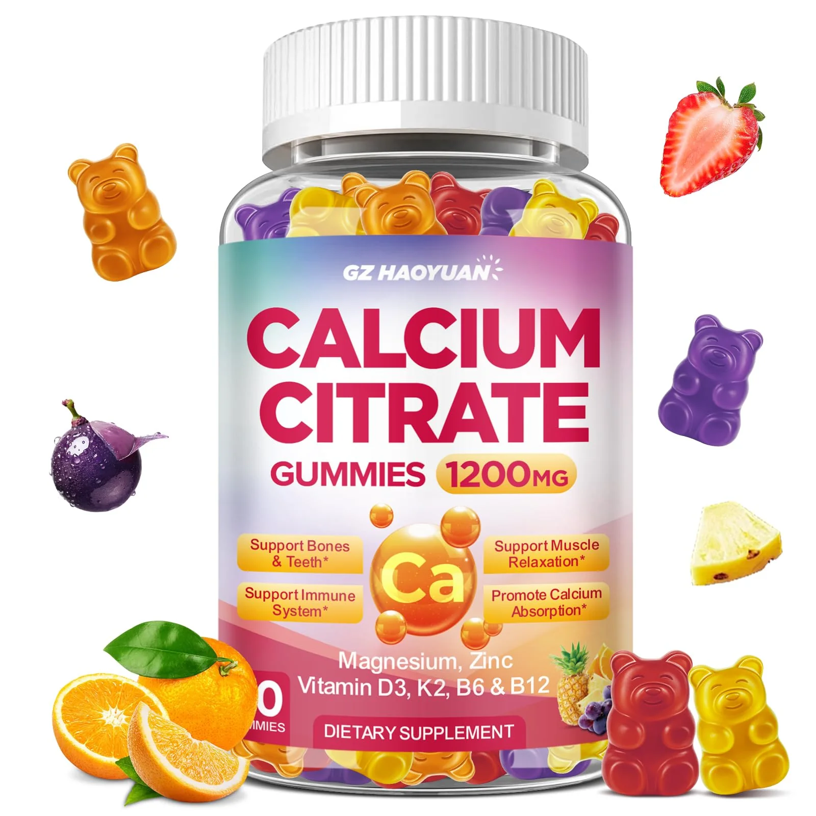 Calcium Citrate Gummies - 1200mg Calcium Gummies Supplements for Women & Men with Vitamin D3, K2, Magnesium, Zinc High Absorption for Bone, Muscle & Immune Support, Fruit Flavor, 60 Count