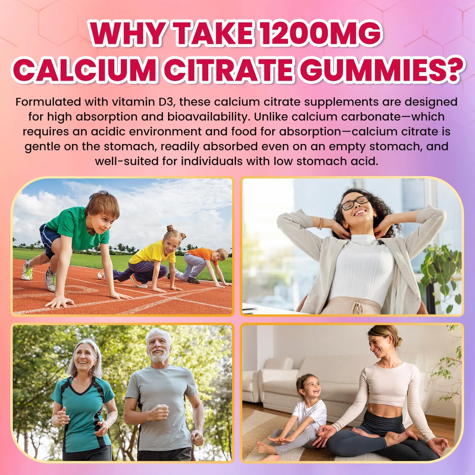 Calcium Citrate Gummies - 1200mg Calcium Gummies Supplements for Women & Men with Vitamin D3, K2, Magnesium, Zinc High Absorption for Bone, Muscle & Immune Support, Fruit Flavor, 60 Count - Image 3