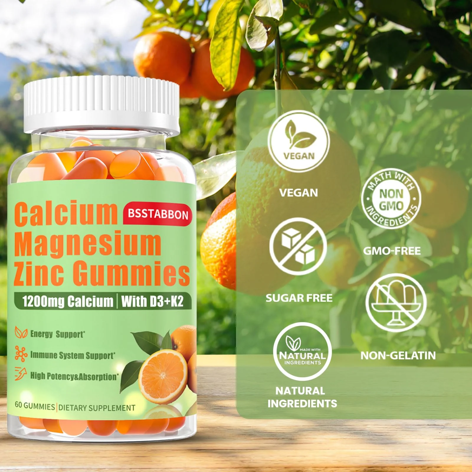 Calcium Magnesium Zinc Gummies for Adult: 1200mg Calcium Citrate 400mg Magnesium Glycinate with D3 B12 - Sugar Free High Absorption Supplement for Women Men (60 Count(Pack of 2)) - Image 5