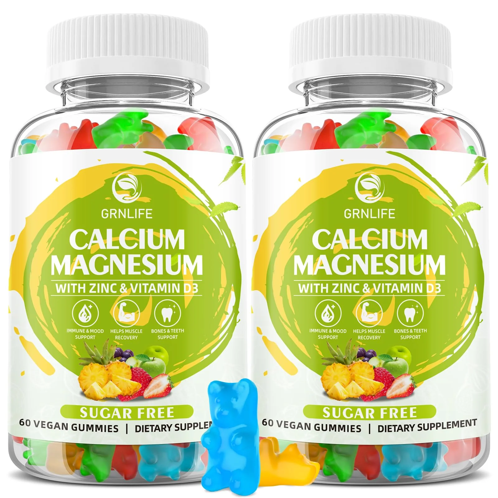 Calcium Magnesium Zinc Supplement with Vitamin D3, Sugar Free Calcium Gummies for Women Men, High Potency Magnesium Gummies for Bone & Muscle & Immune Health, Mixed Flavors - 120 Count