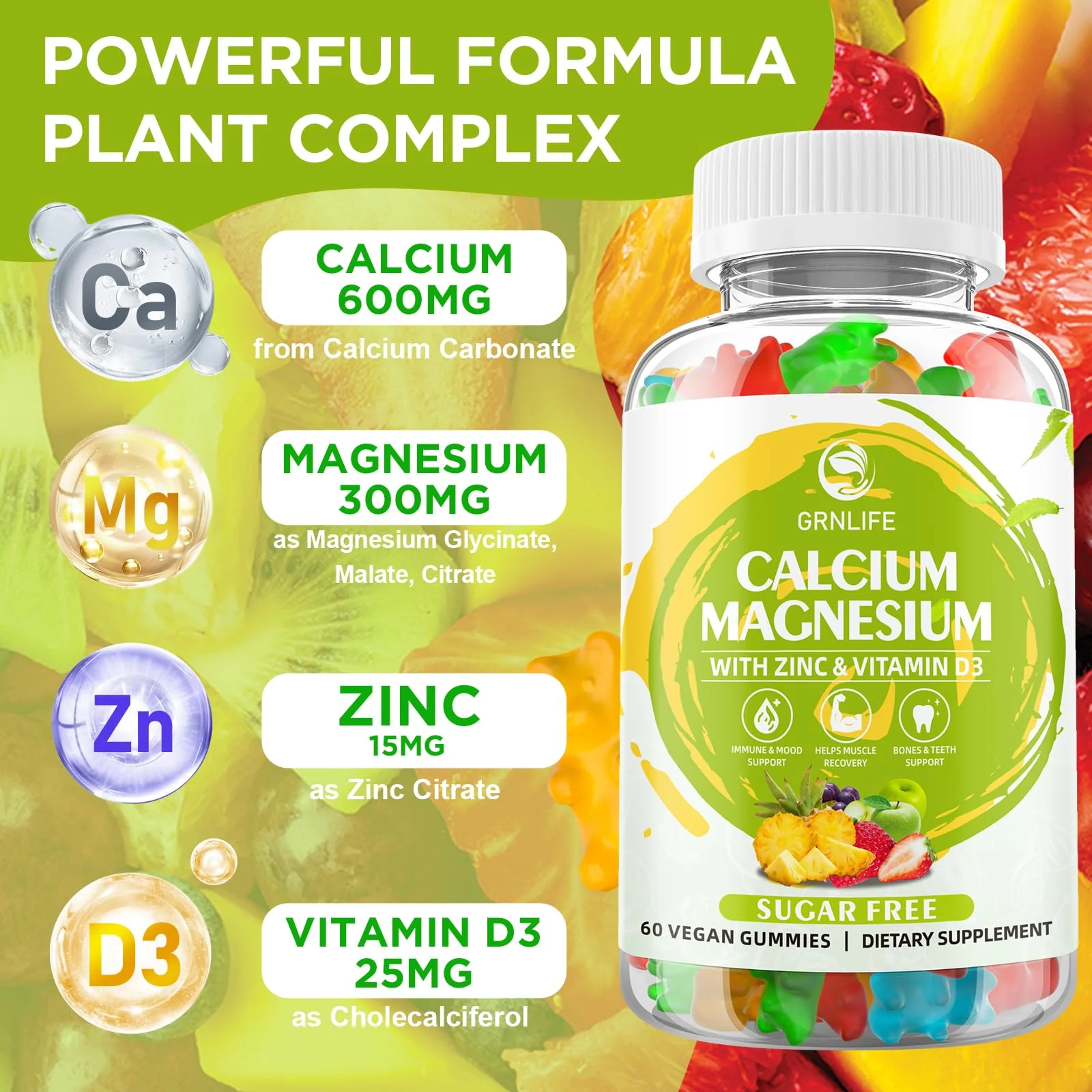 Calcium Magnesium Zinc Supplement with Vitamin D3, Sugar Free Calcium Gummies for Women Men, High Potency Magnesium Gummies for Bone & Muscle & Immune Health, Mixed Flavors - 120 Count - Image 6