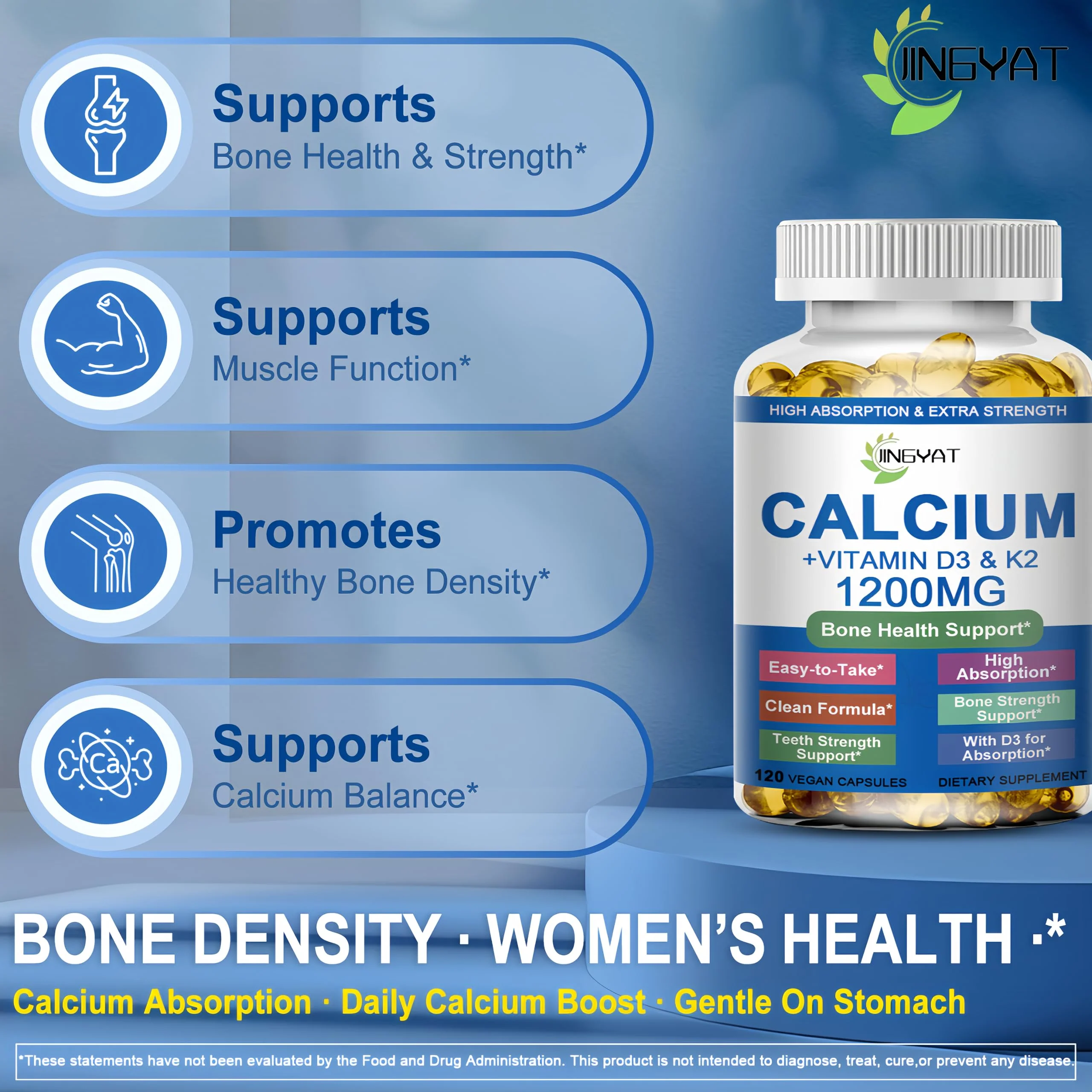 Calcium Supplements for Women - Calcium 1200 mg with Vitamin D3 & K2 - High Absorption Extra Strength Calcium Citrate for Bone Health, Strength, Density, Muscle, Heart Support - Slow Release, Non-GMO - Image 7