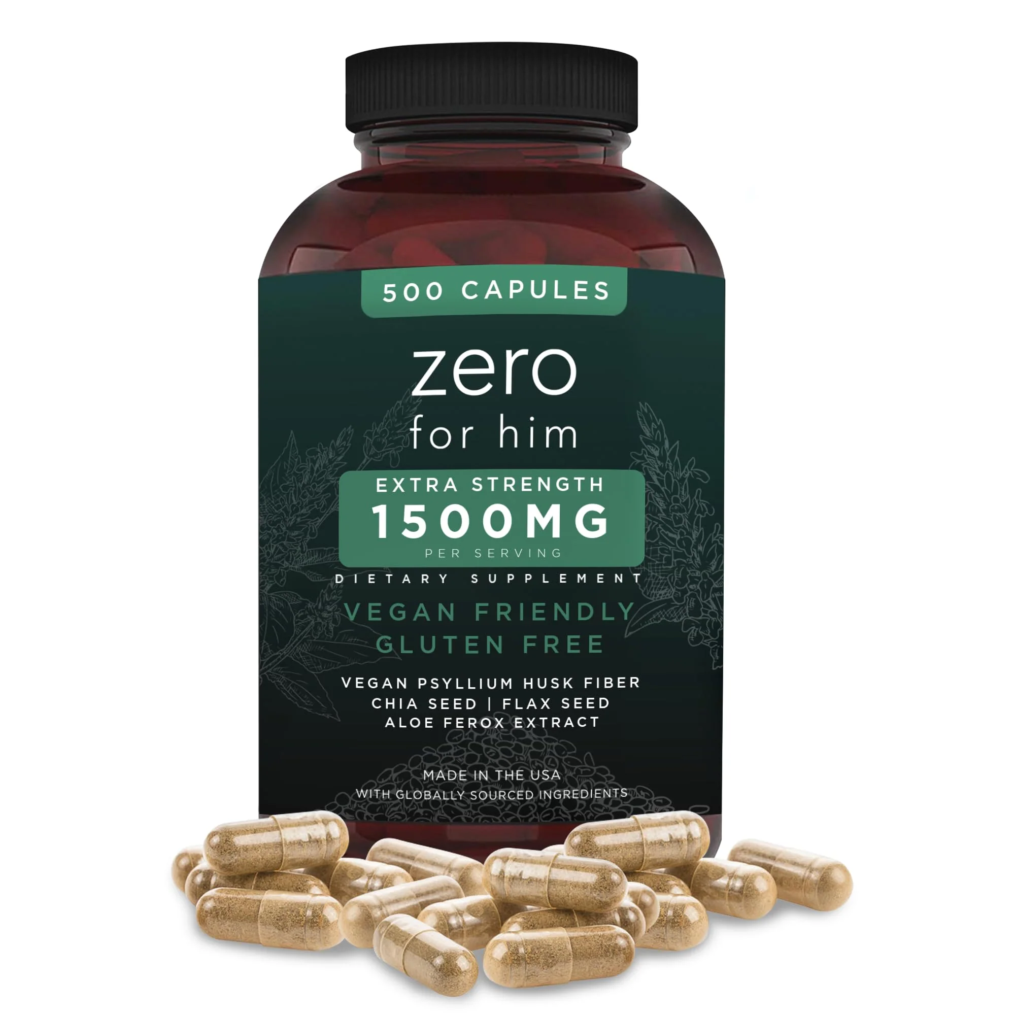 California Basics Fiber Supplements for Men (500 Count) - Daily Dietary Chia Flaxseed Psyllium Husk Vegan Capsules - High Fiber Supplement Pills Zero for Him Extra Strength Pills