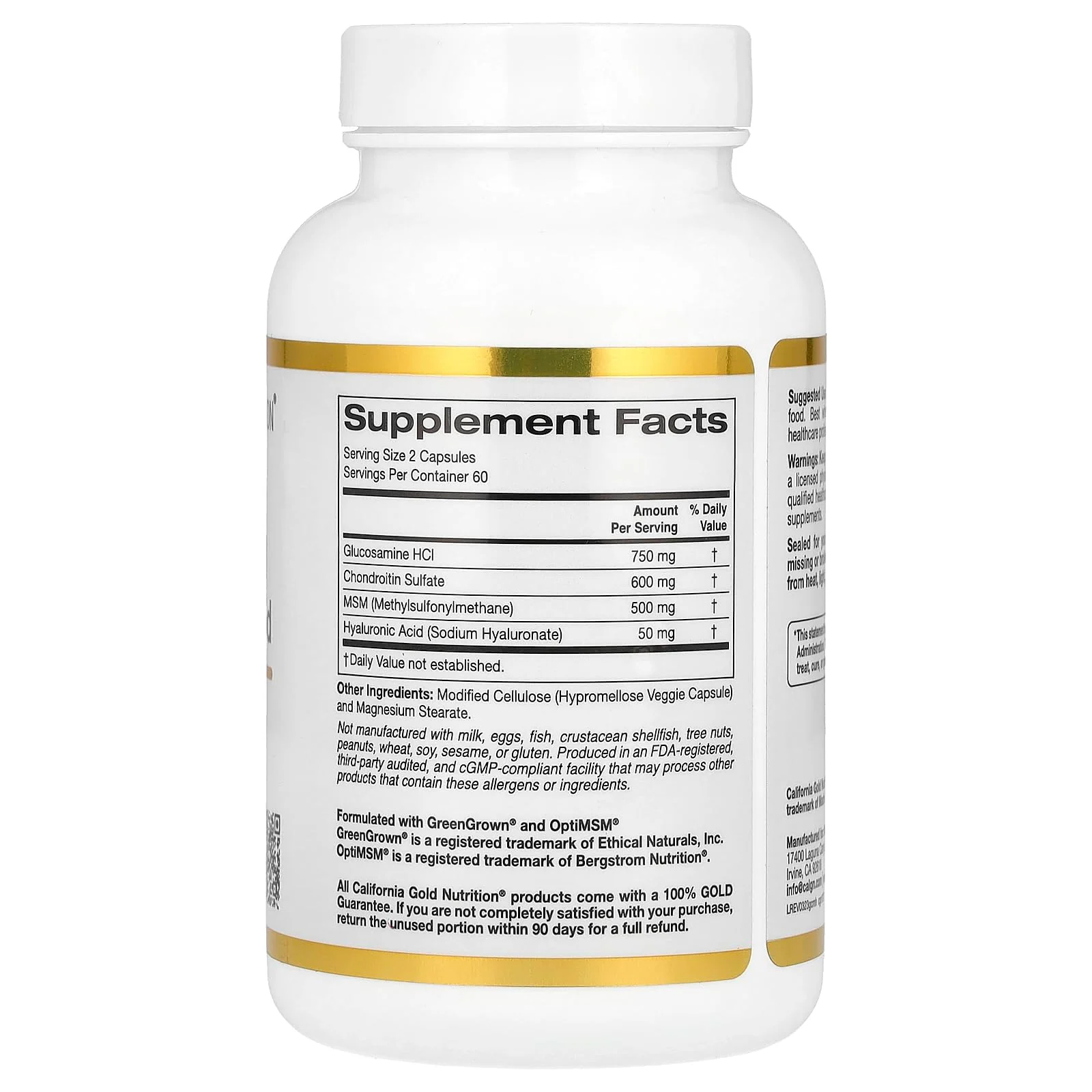 California Gold Nutrition Glucosamine, Chondroitin, MSM Plus Hyaluronic Acid, 120 Veggie Caps - Image 3