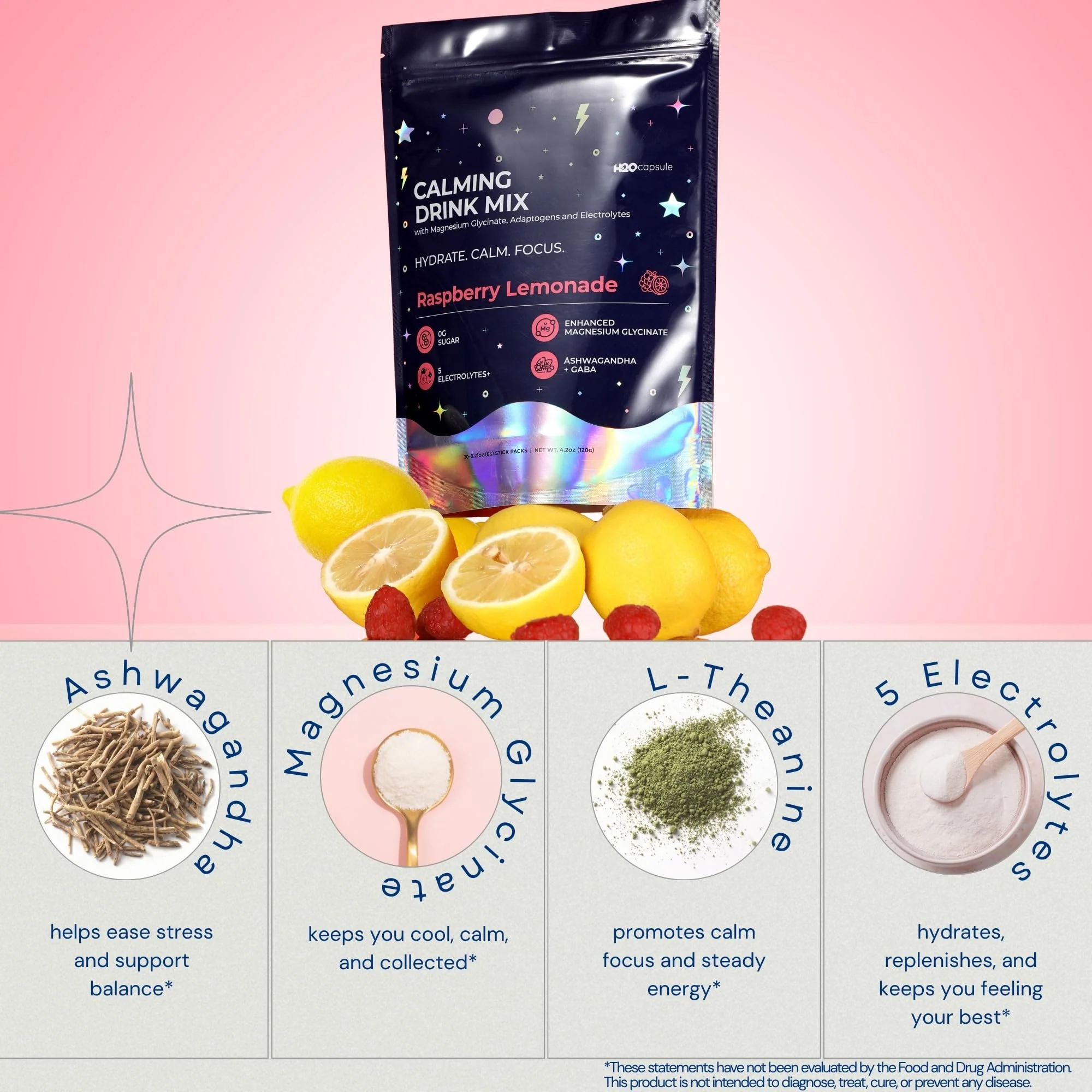 Calm Magnesium Glycinate Powdered Drink Mix with Electrolytes – Sugar Free with Ashwagandha, L-Theanine, Vitamin B 6&GABA – Cortisol Support, Stress Relief, Hydration & Focus - 20 servings (Raspberry) - Image 4