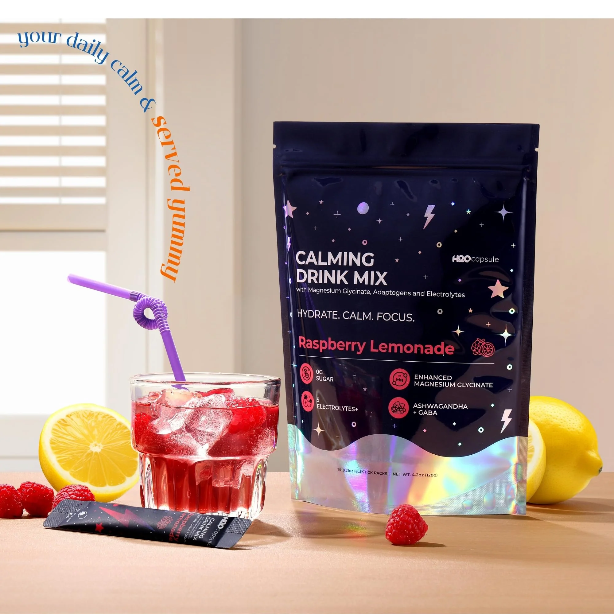 Calm Magnesium Glycinate Powdered Drink Mix with Electrolytes – Sugar Free with Ashwagandha, L-Theanine, Vitamin B 6&GABA – Cortisol Support, Stress Relief, Hydration & Focus - 20 servings (Raspberry) - Image 7