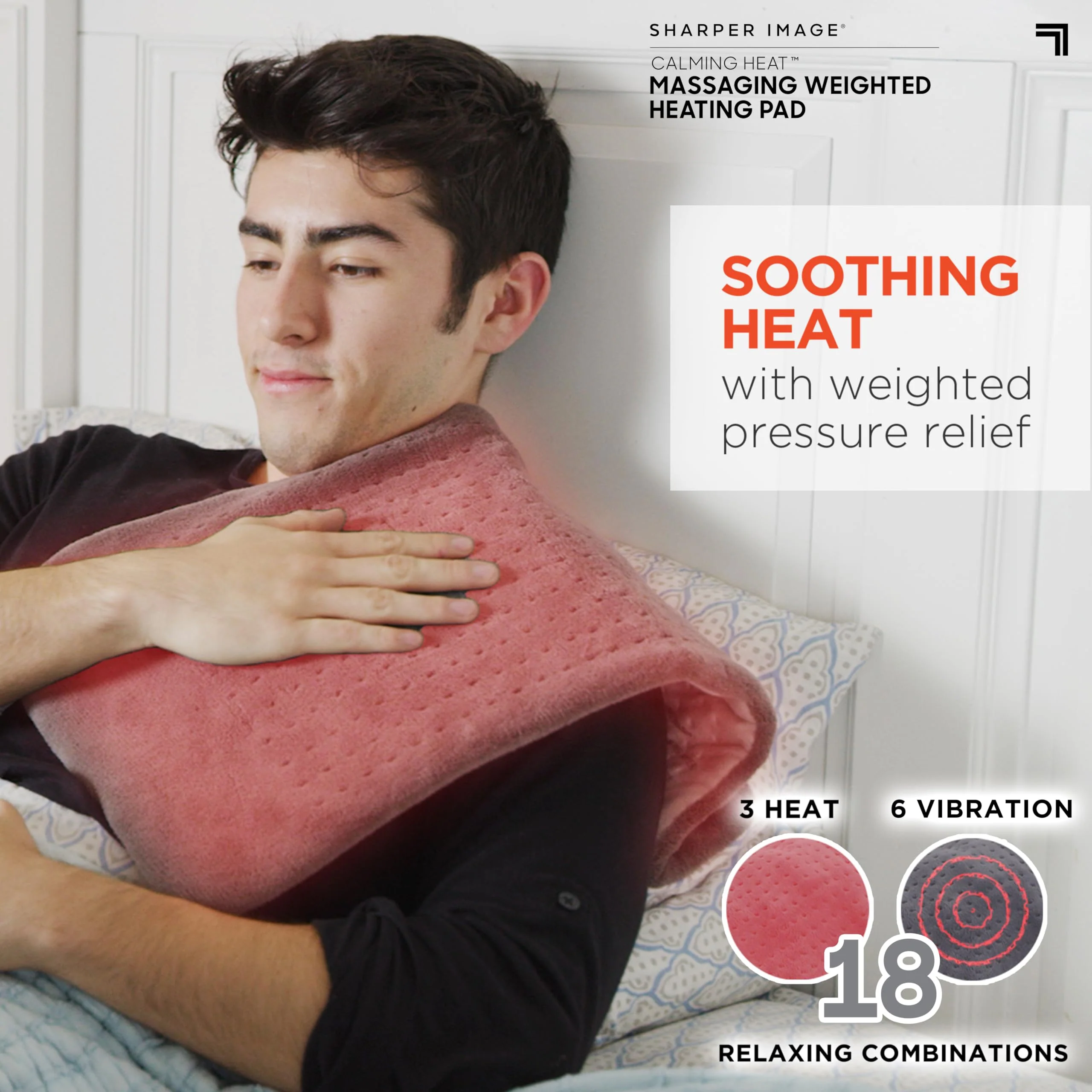 Calming Heat Massaging Vibrations Weighted Heating Pad by Sharper Image | Temperature Settings, Auto Shut-Off Feature, Gift for Holidays, Women & Men | 3 Heat, 6 Massage, 12” x 24”, 4 lbs - Image 3