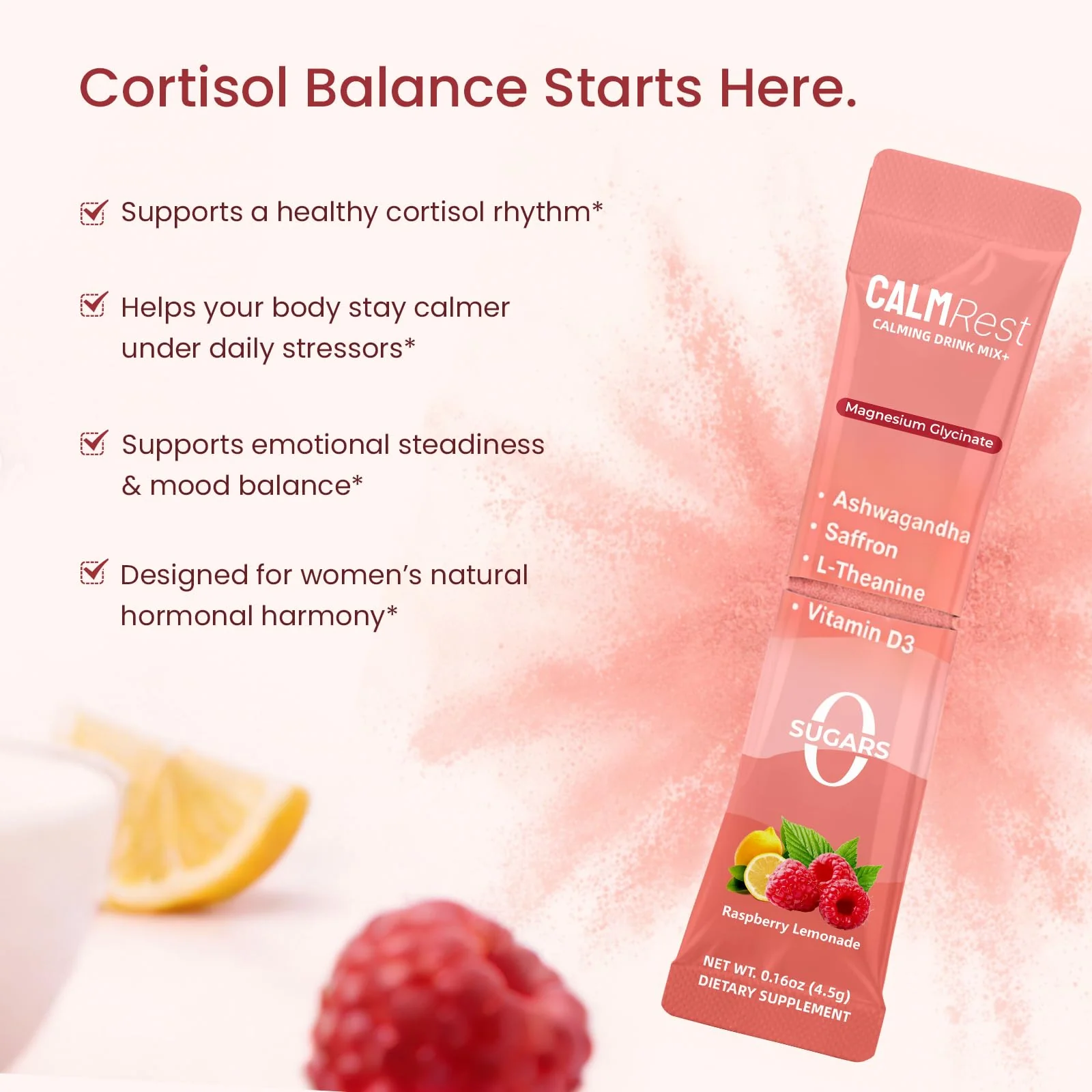 CalmRest Calm Magnesium Powder Calming Drink Mix Cortisol Supplement for Women with Ashwagandha, Saffron, L Theanine, Vitamin D3-Stress Relief & Relaxation Support, No Sugar, 30Ct, Raspberry Lemonade - Image 7