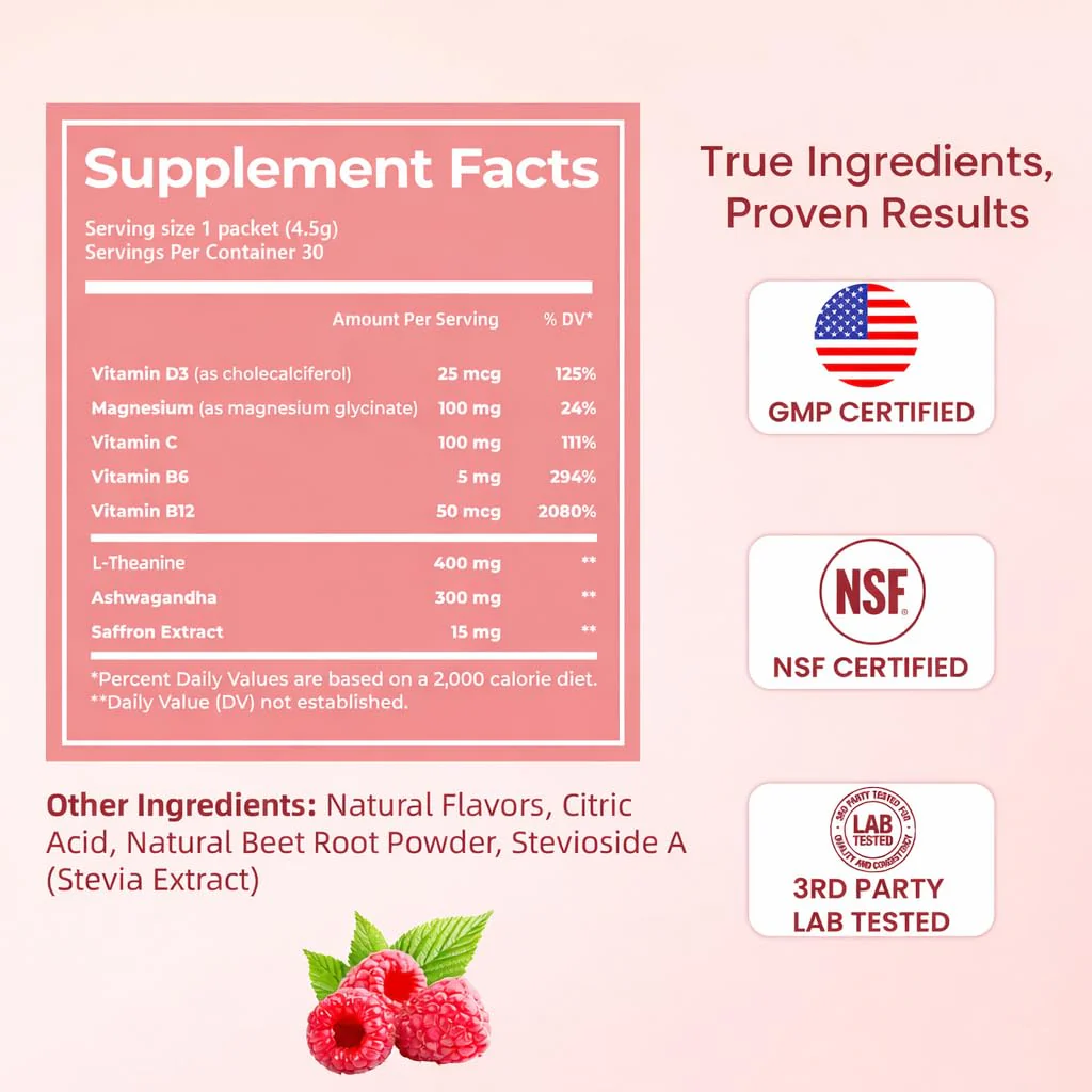 CalmRest Calm Magnesium Powder Calming Drink Mix Cortisol Supplement for Women with Ashwagandha, Saffron, L Theanine, Vitamin D3-Stress Relief & Relaxation Support, No Sugar, 30Ct, Raspberry Lemonade - Image 9