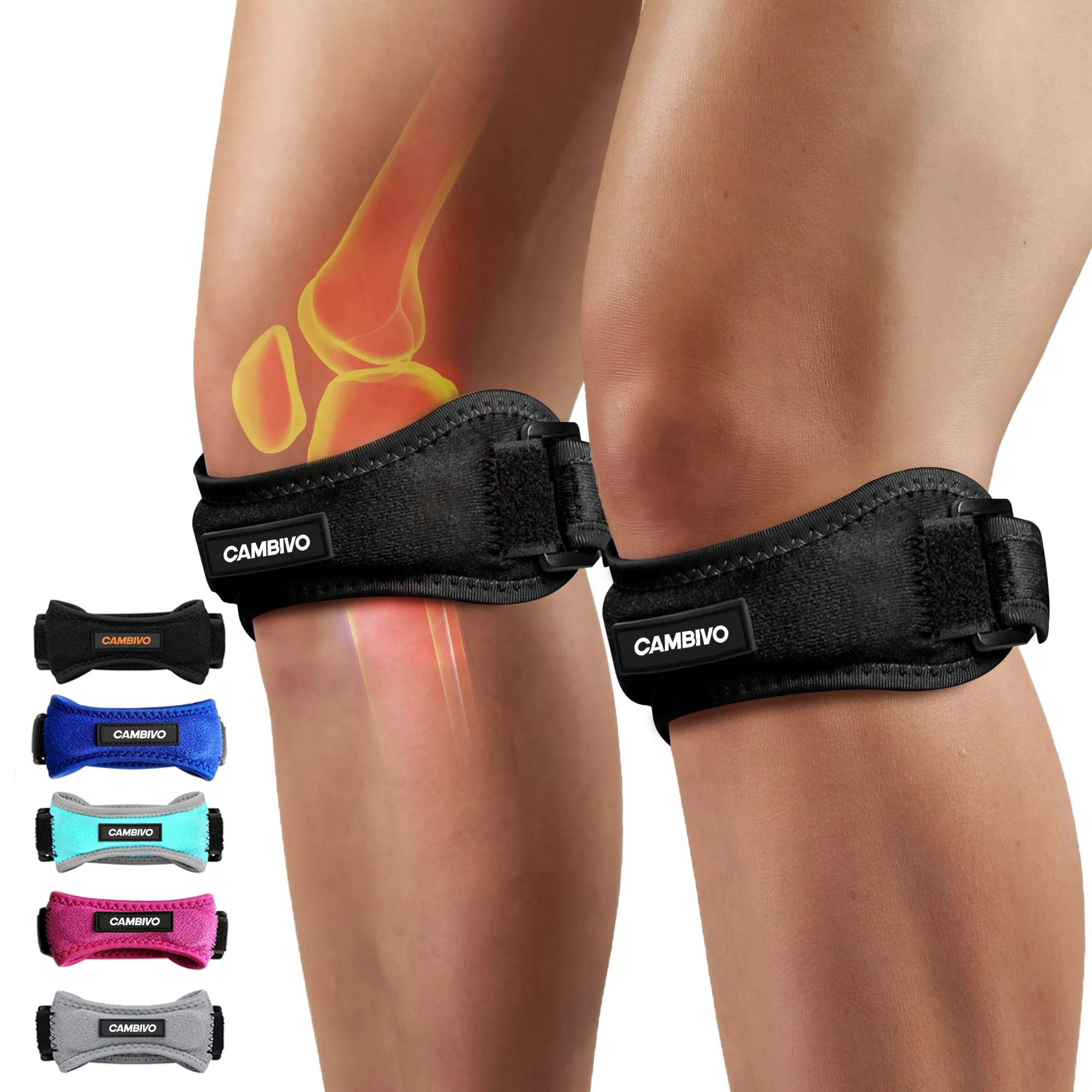 CAMBIVO 2 Pack Patella Knee Strap, Adjustable Knee Brace Patellar Tendon Support Band for Running, Hiking, Volleyball, Jumpers Knee (Pink)