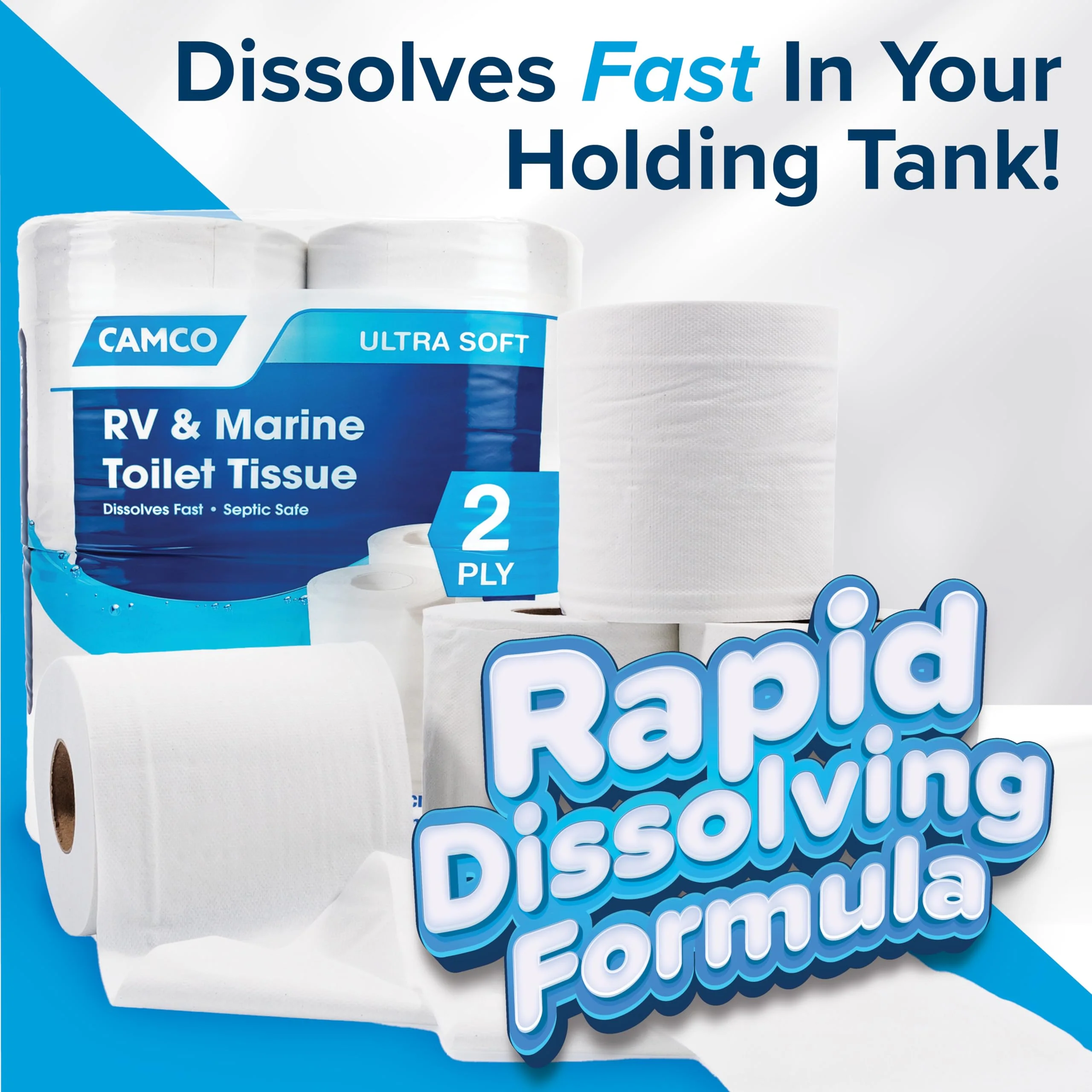 Camco Camper & RV Toilet Paper - 16-Rolls - 2-Ply Quick Dissolve RV Septic Safe Bath Tissue - Dye & Fragrance Free - 500 Sheets Per Roll (40282) - Image 6