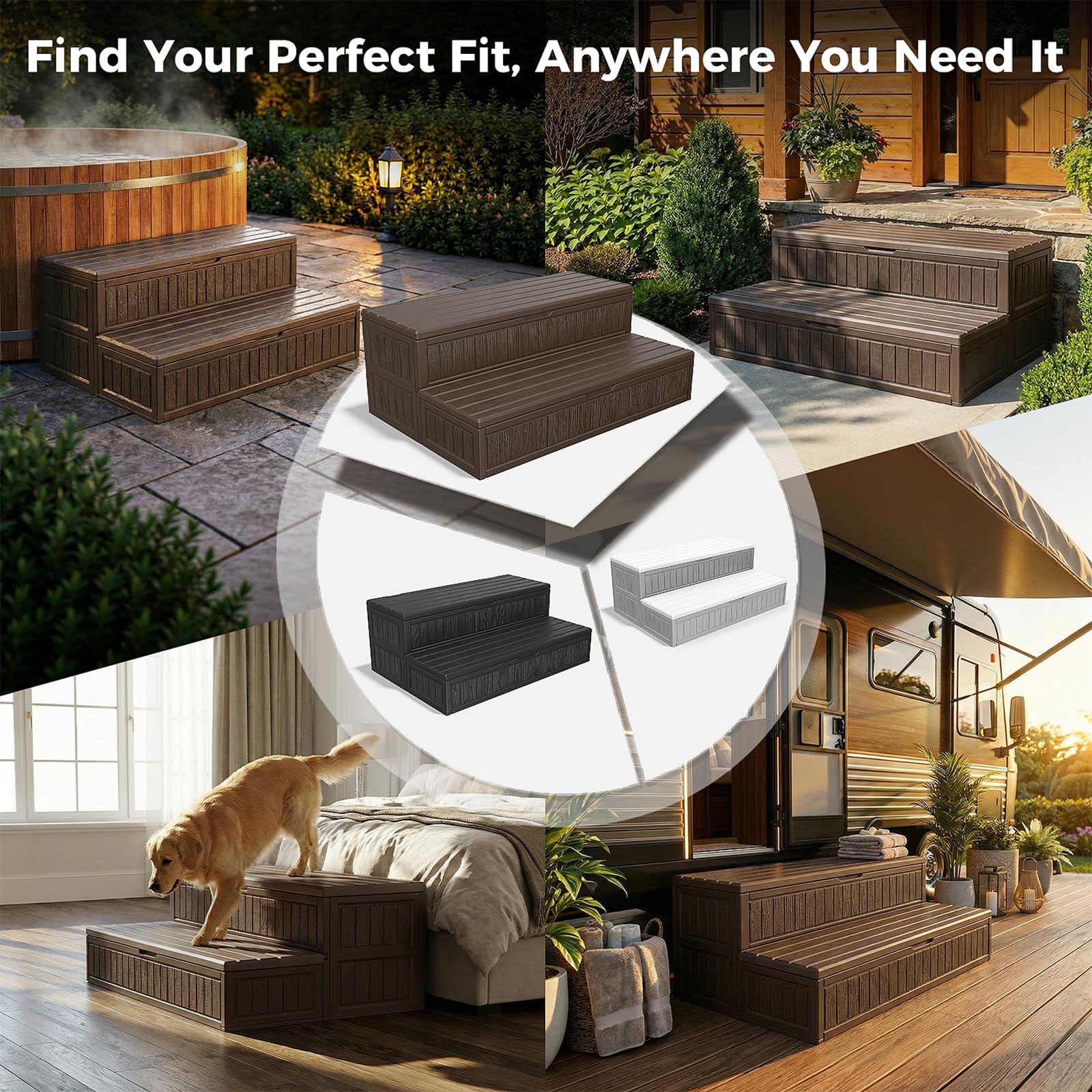 CAMMOO Hot Tub Steps - Double-Decker Large Storage & Snap-Together Assembly, Fully Sealed Spa Steps with Non-Slip Wider Step, Hot Tub Stairs, Outdoor/Indoor, Brown - Image 2