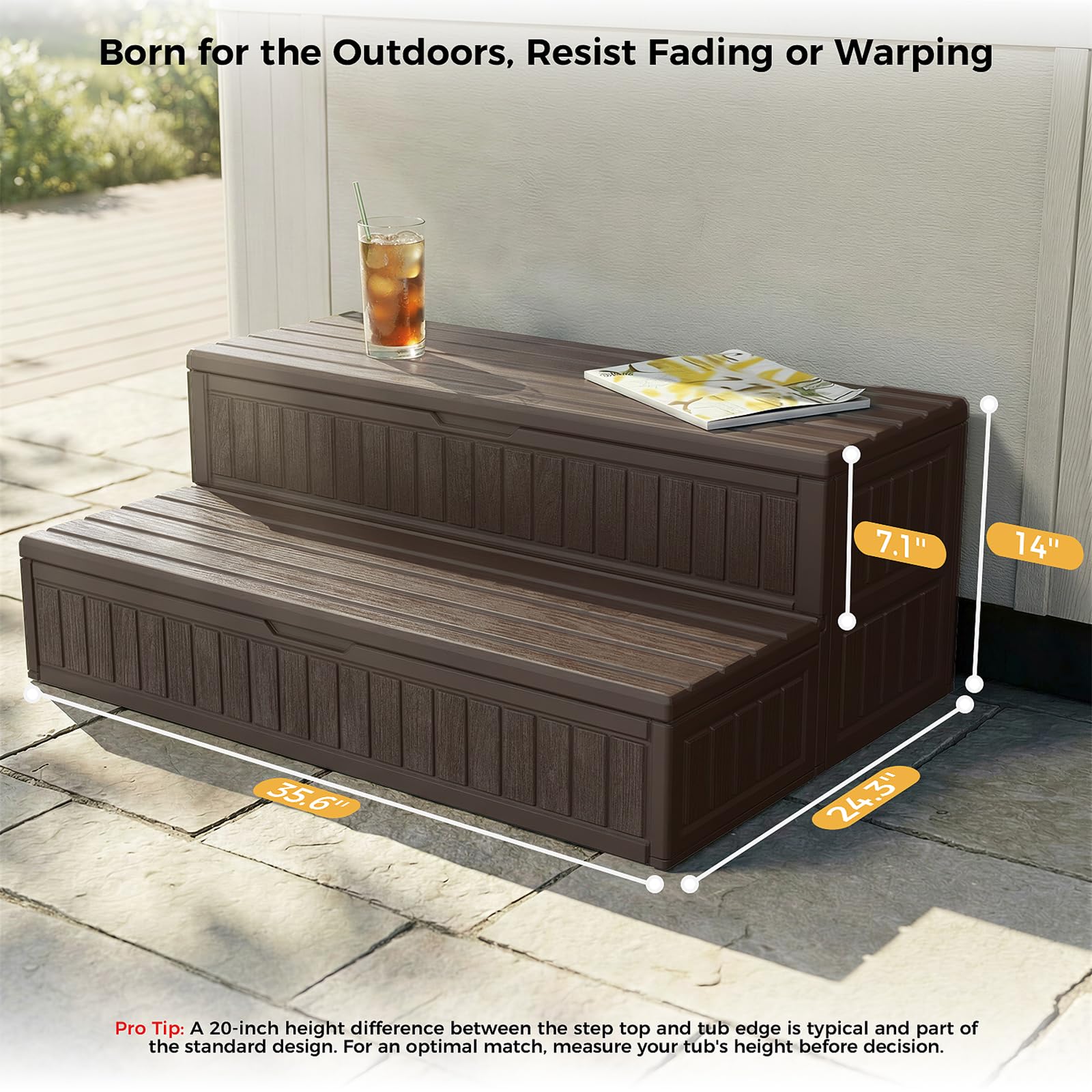 CAMMOO Hot Tub Steps - Double-Decker Large Storage & Snap-Together Assembly, Fully Sealed Spa Steps with Non-Slip Wider Step, Hot Tub Stairs, Outdoor/Indoor, Brown - Image 3