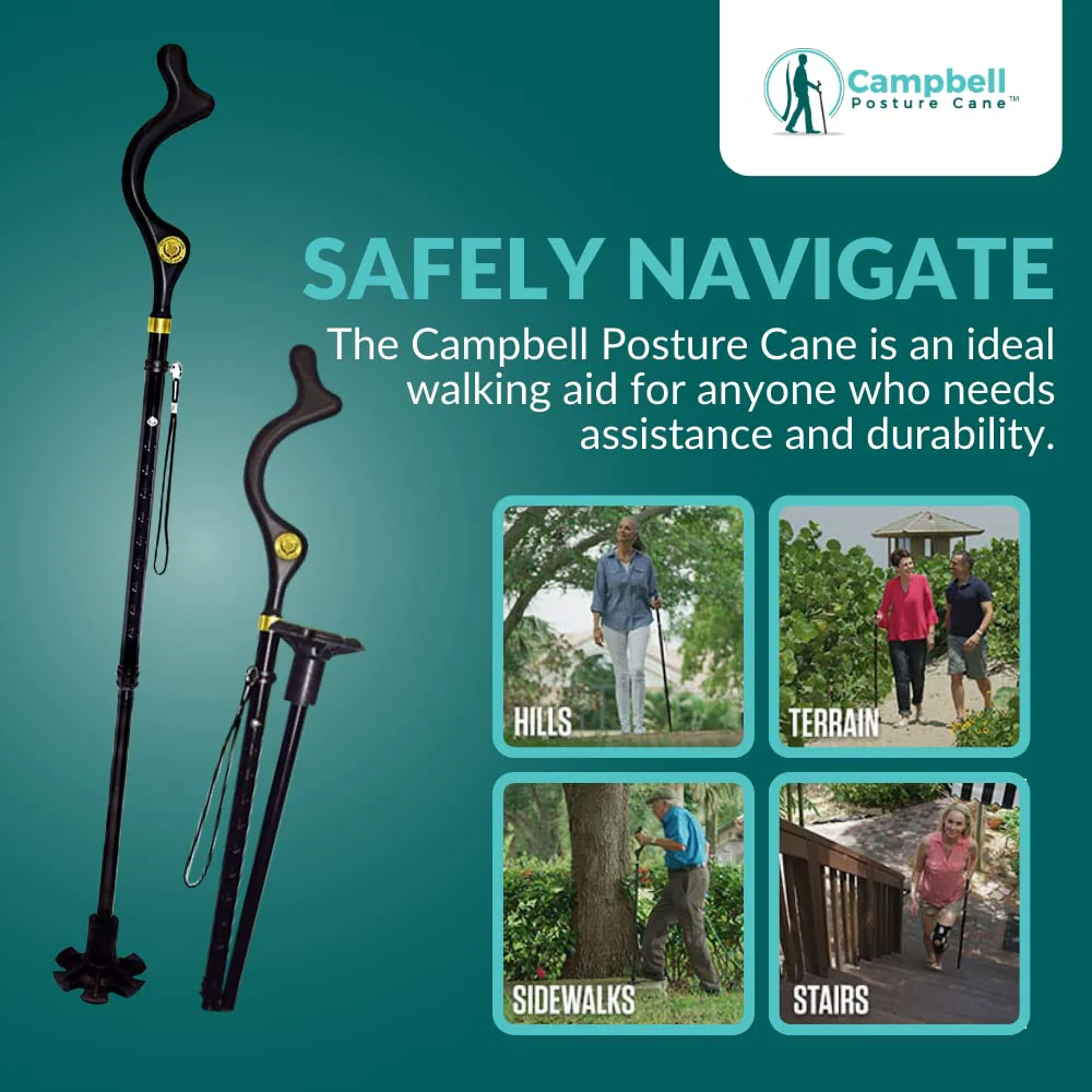 Campbell Posture Cane | Walking Cane for Men, Women | Mobility Device, Portable, Lightweight, Adjustable, Self-Standing, Folding, Collapsible Hand Walking Stick, 10 Height Adjustment, 360 Traction Tip