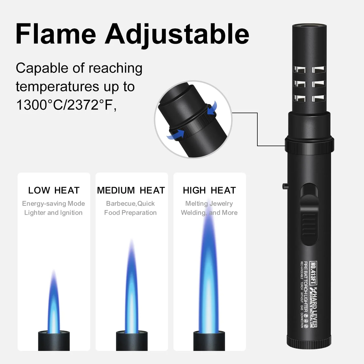 Camping Lighter, Torch Lighter, Windproof Jet Flame Butane Refillable Adjustable Flame with Safety Lock&Fule Guage for Campfires Kitchen Hiking Candles Fireplace BBQ Outdoor Camping Essentials(Black) - Image 7