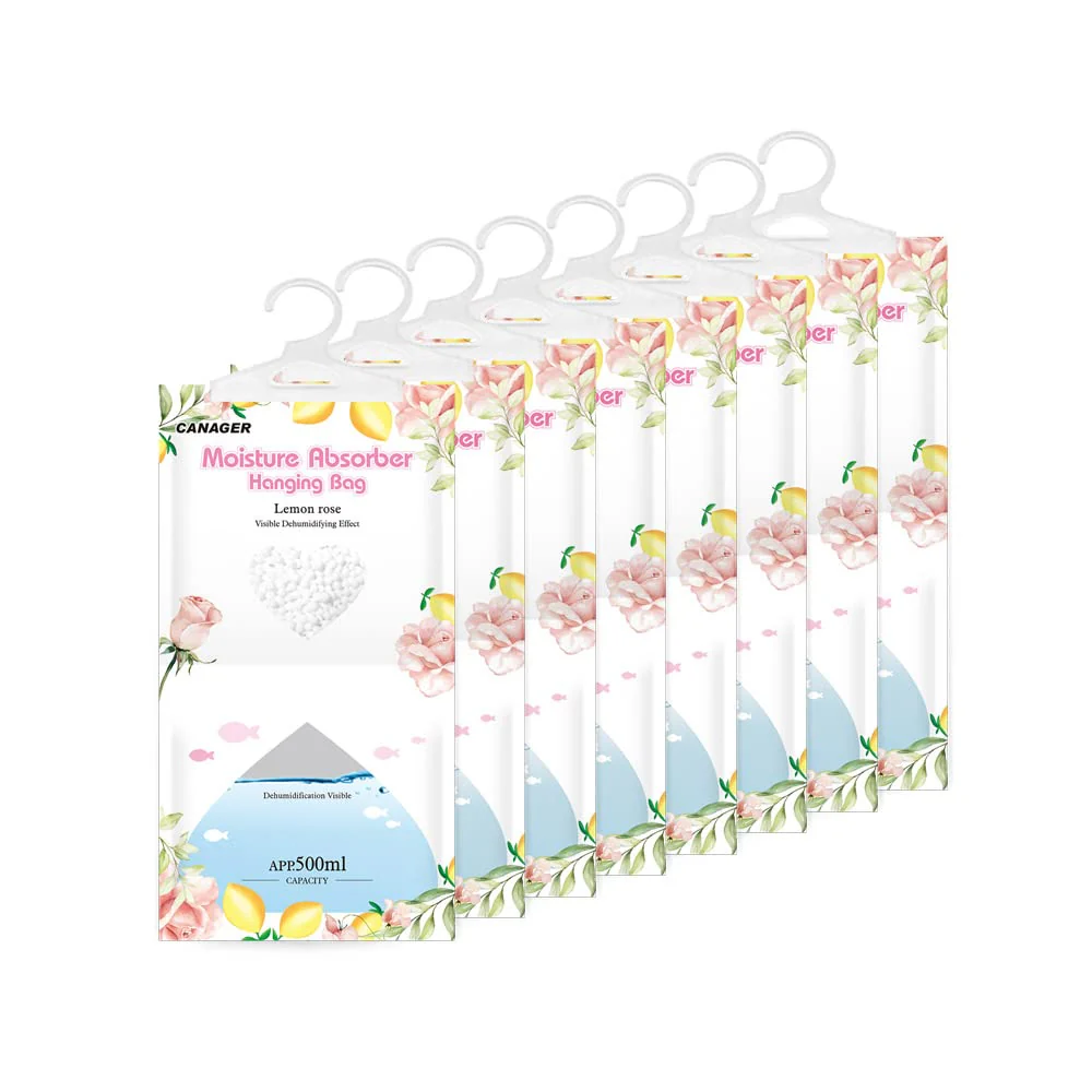 CANAGER Hanging Moisture Absorber, Lemon Rose Moistureproof Hanging Bag,Dehumidifier Bag (8 packs) Hanging Closet Dehumidifier Bags, Moisture Absorb 12.5 oz