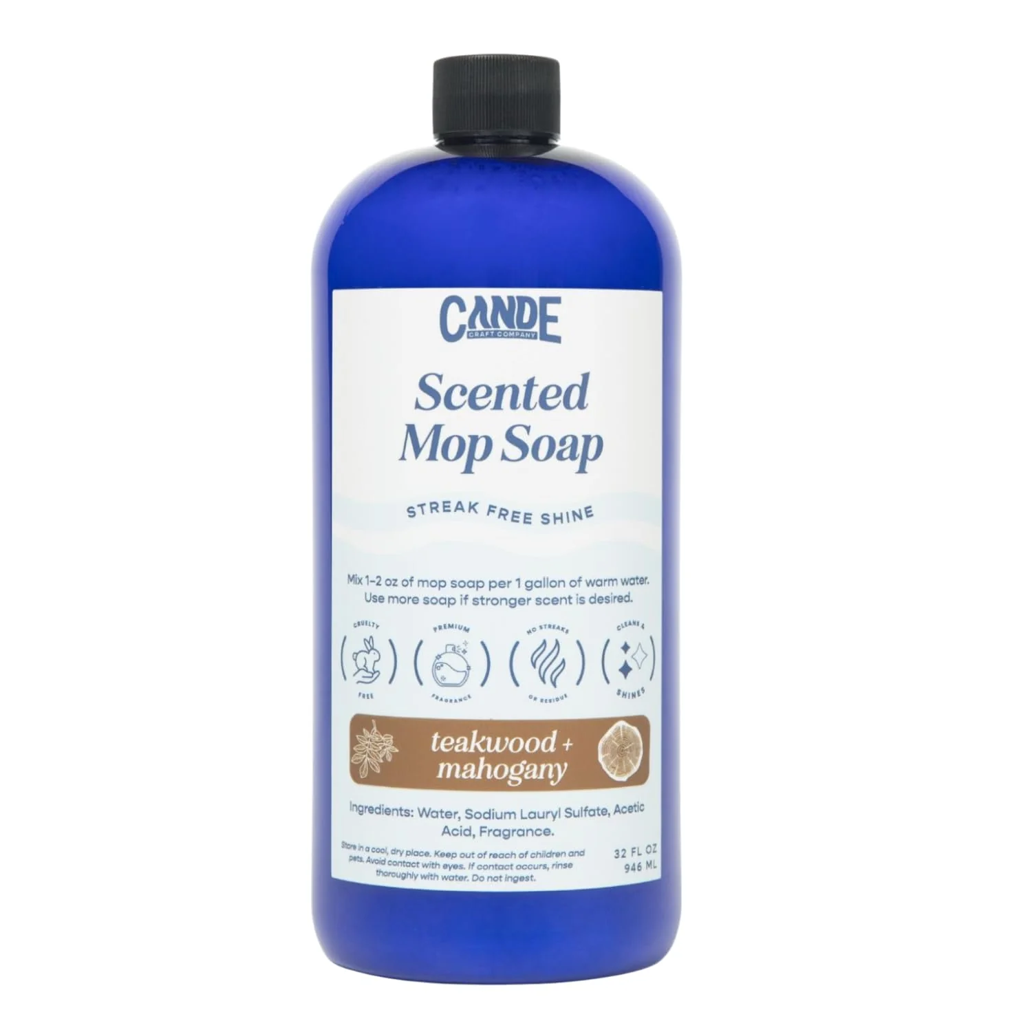 CANDECraftCo CANDE Mop Soap - Highly Scented Mop Soap, Luxury Floor Cleaner, Premium Fragranced Floor, Streak-Free Shine, 32 oz (Teakwood & Mahogany)