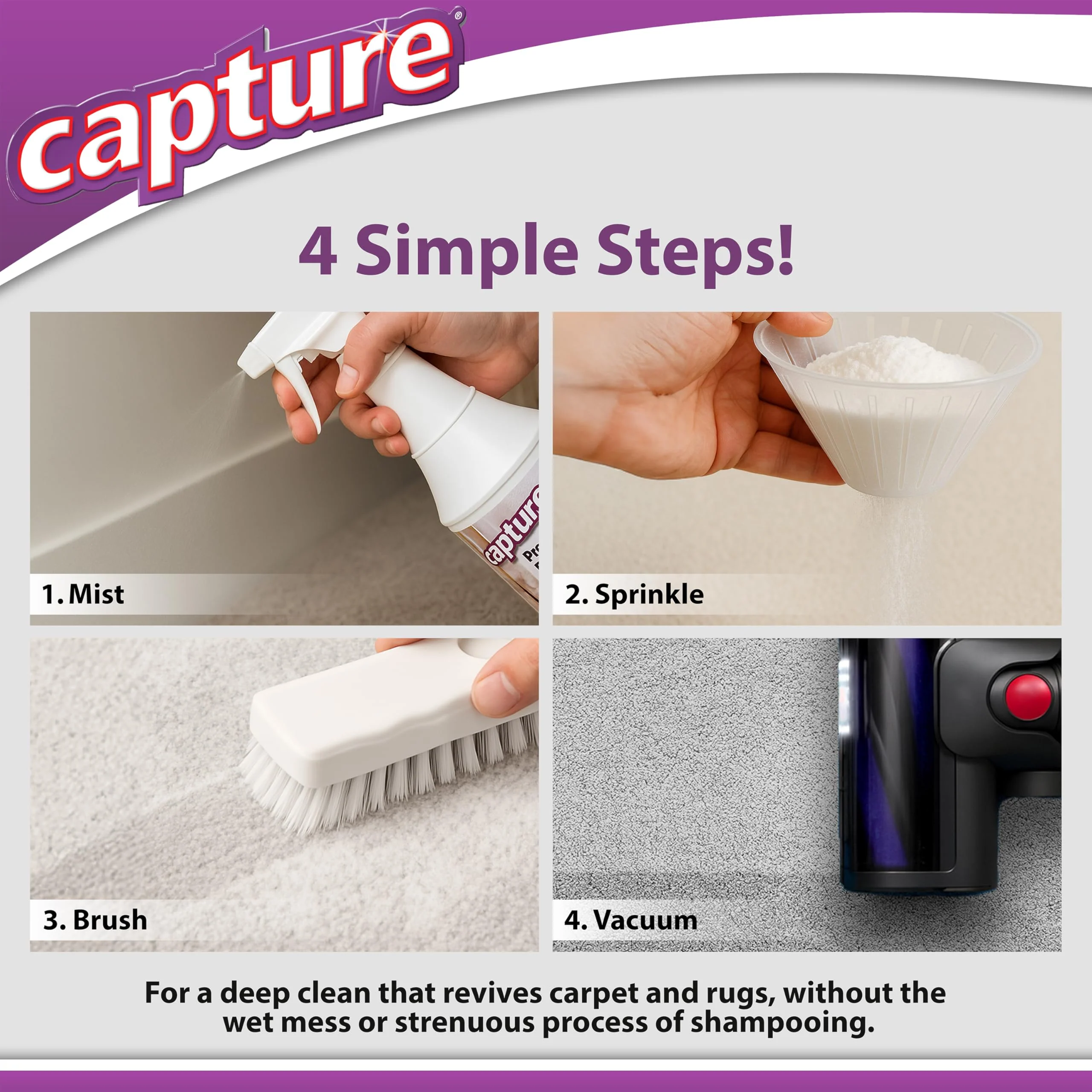 Capture Carpet & Rug Dry Cleaner w/Brush - Dogs & Cats Pet, Home, Car, Carpet Cleaner Powder - Strength Odor Eliminator, Stains Spot Remover, Non Liquid & No Harsh Chemical (1 lb) - Image 4