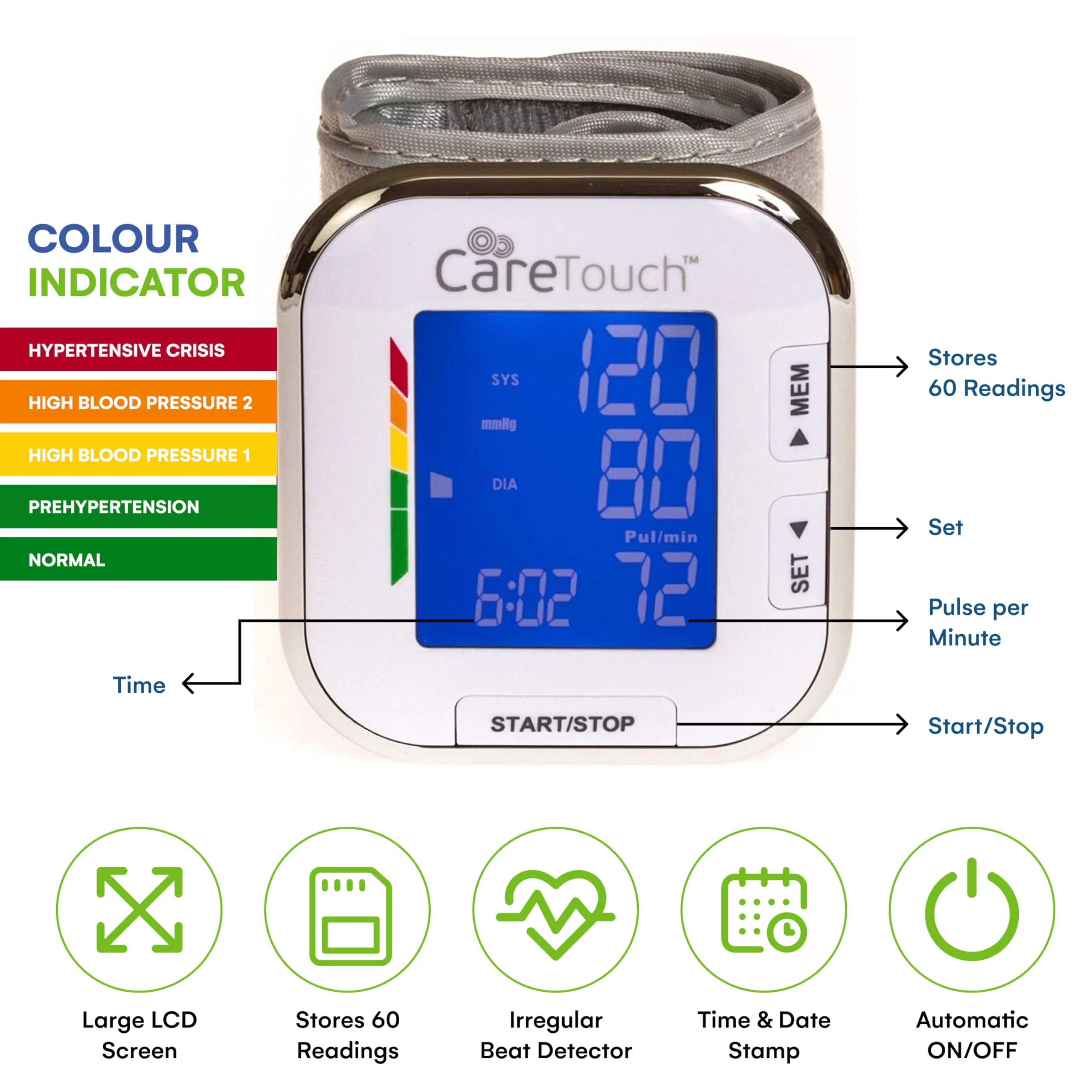 Care Touch Digital Wrist Blood Pressure Monitor for Adults Size 5.5-8.5" for Home Use, Automatic High Blood Pressure Machine with Batteries & Carrying Pouch - Image 6