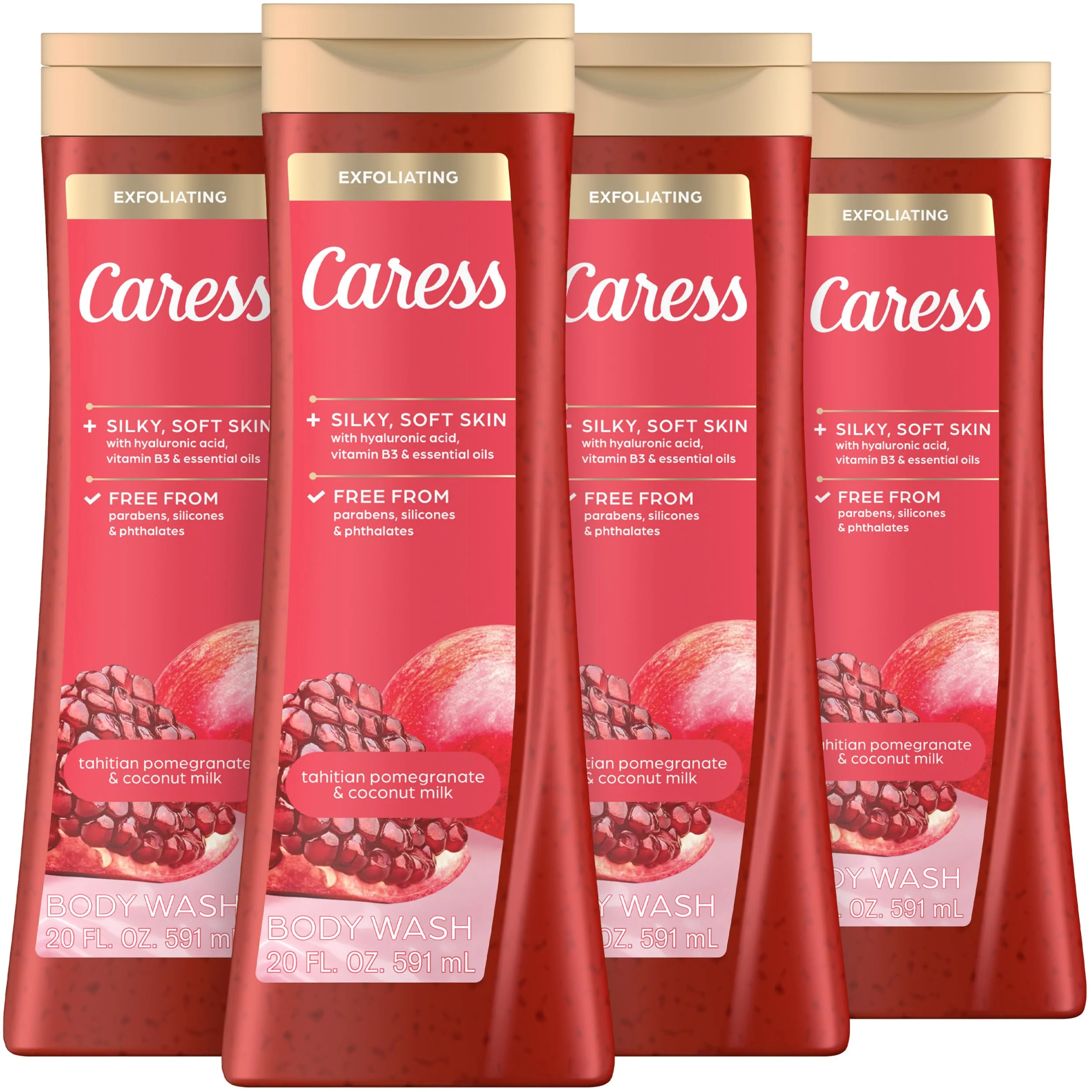 Caress Tahitian Pomegranate & Coconut Milk Exfoliating Scrub Body Wash with Hyaluronic Acid & Vitamin B3 for Moisturized, Silky Soft Skin, Long-Lasting Fragrance, 20 fl oz (4 Pack)