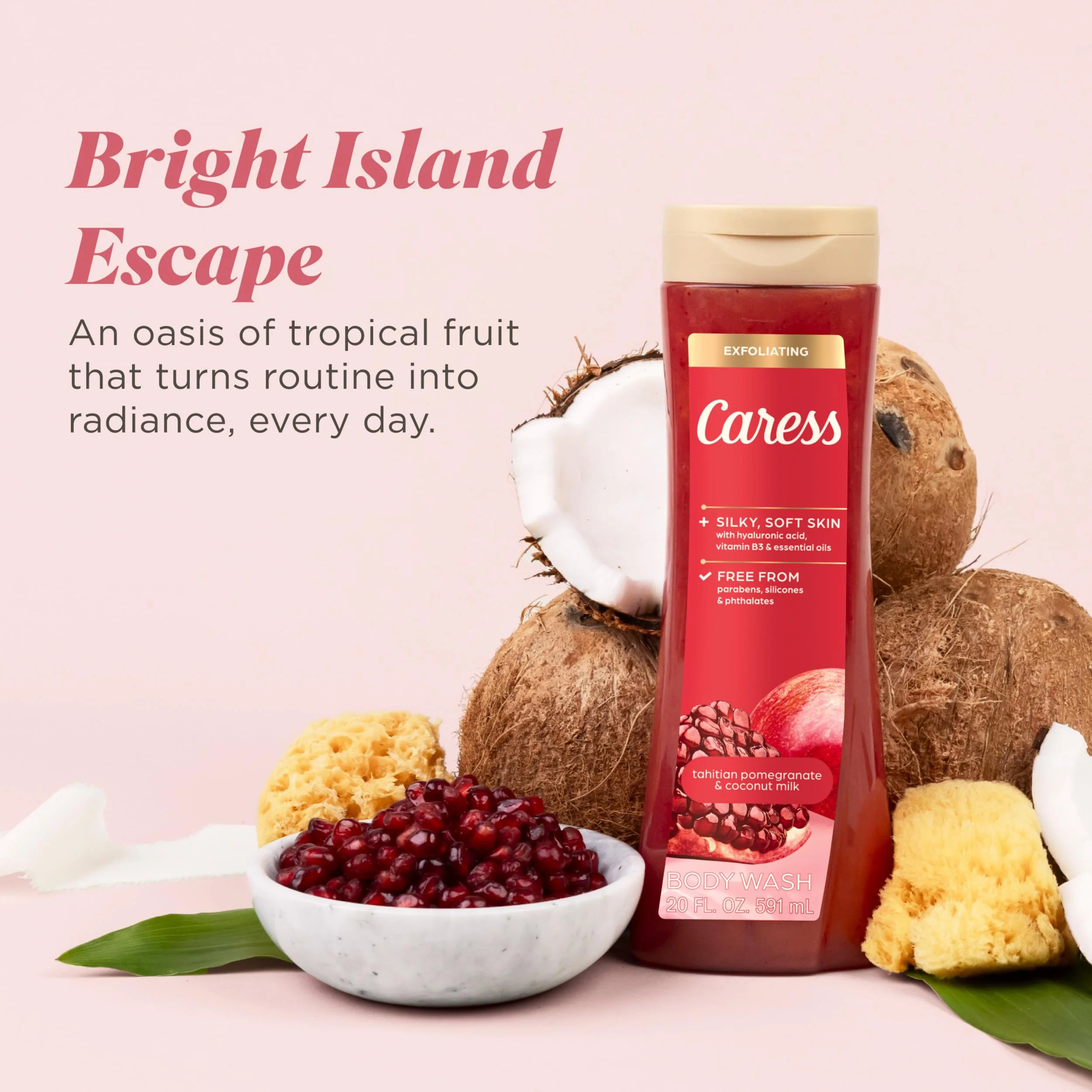 Caress Tahitian Pomegranate & Coconut Milk Exfoliating Scrub Body Wash with Hyaluronic Acid & Vitamin B3 for Moisturized, Silky Soft Skin, Long-Lasting Fragrance, 20 fl oz (4 Pack) - Image 3