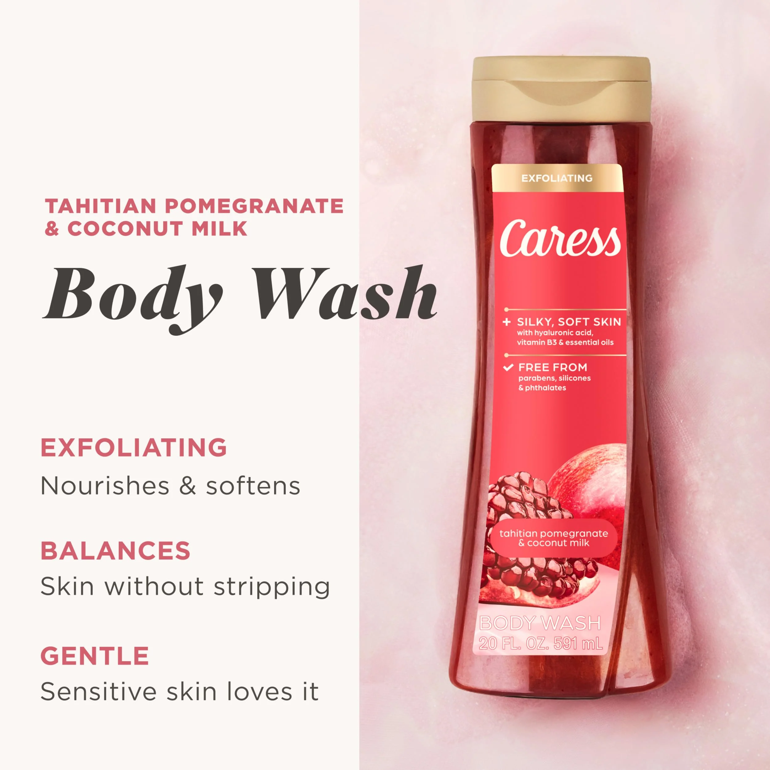 Caress Tahitian Pomegranate & Coconut Milk Exfoliating Scrub Body Wash with Hyaluronic Acid & Vitamin B3 for Moisturized, Silky Soft Skin, Long-Lasting Fragrance, 20 fl oz (4 Pack) - Image 9