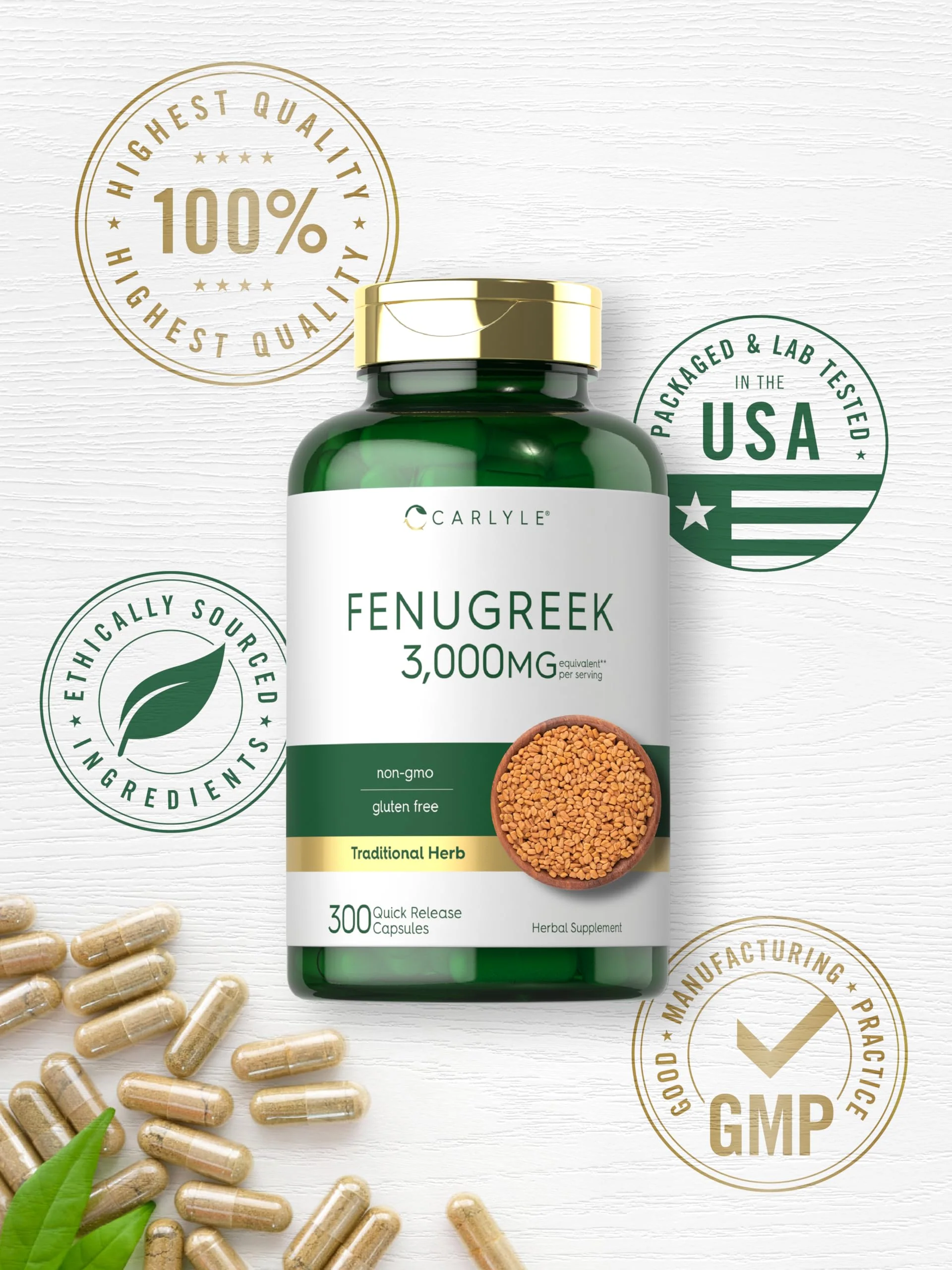 Carlyle Fenugreek Capsules | 300 Count | Non-GMO & Gluten Free Extract | Fenugreek Seeds - Image 4