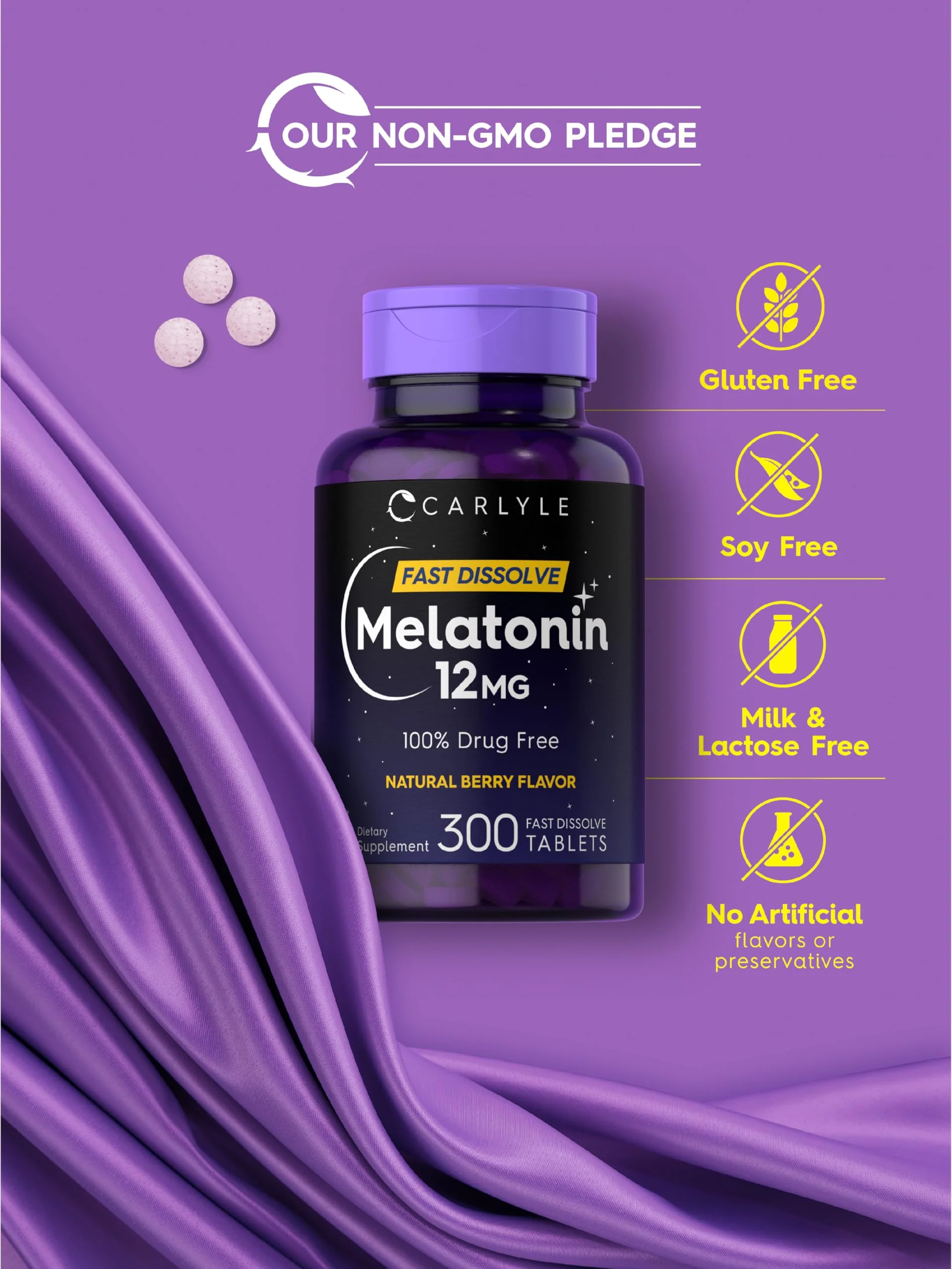 Carlyle Melatonin 12 mg Fast Dissolve 300 Tablets | Drug Free | Natural Berry Flavor | Vegetarian, Non-GMO, Gluten Free - Image 5
