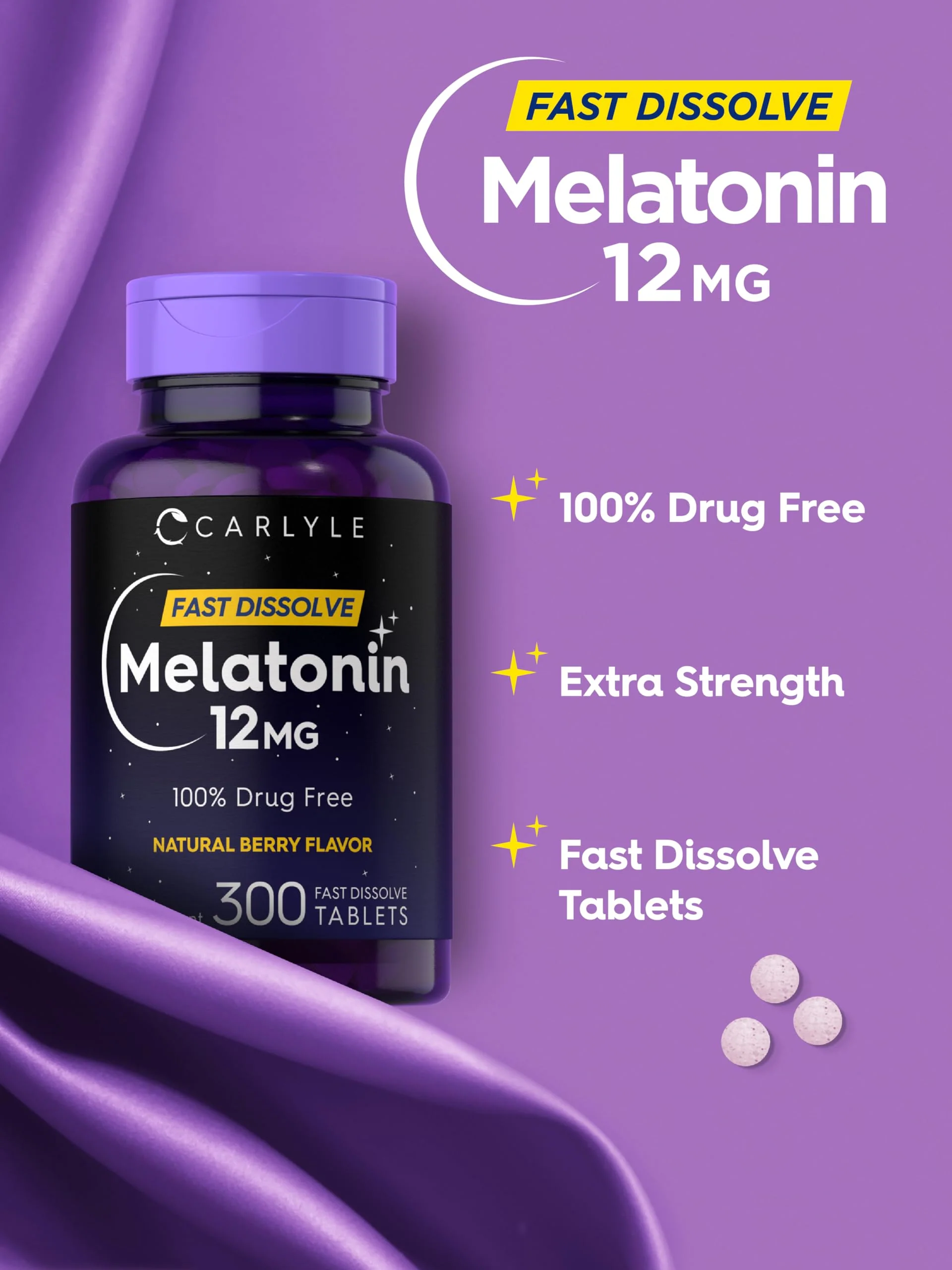 Carlyle Melatonin 12 mg Fast Dissolve 300 Tablets | Drug Free | Natural Berry Flavor | Vegetarian, Non-GMO, Gluten Free - Image 4