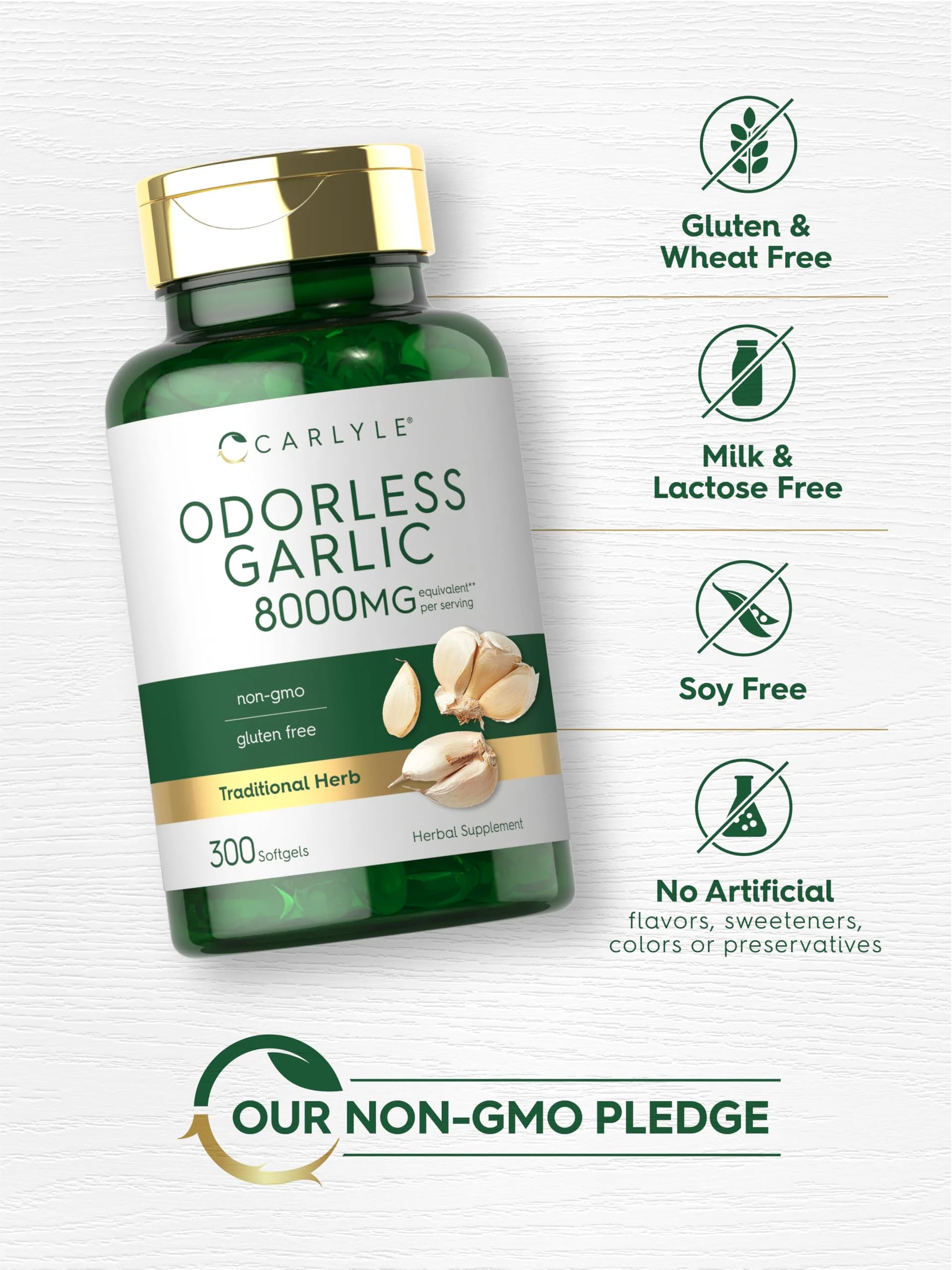 Carlyle Odorless Garlic Softgels | 300 Count | High Potency Formula | Non-GMO and Soy Free - Image 3