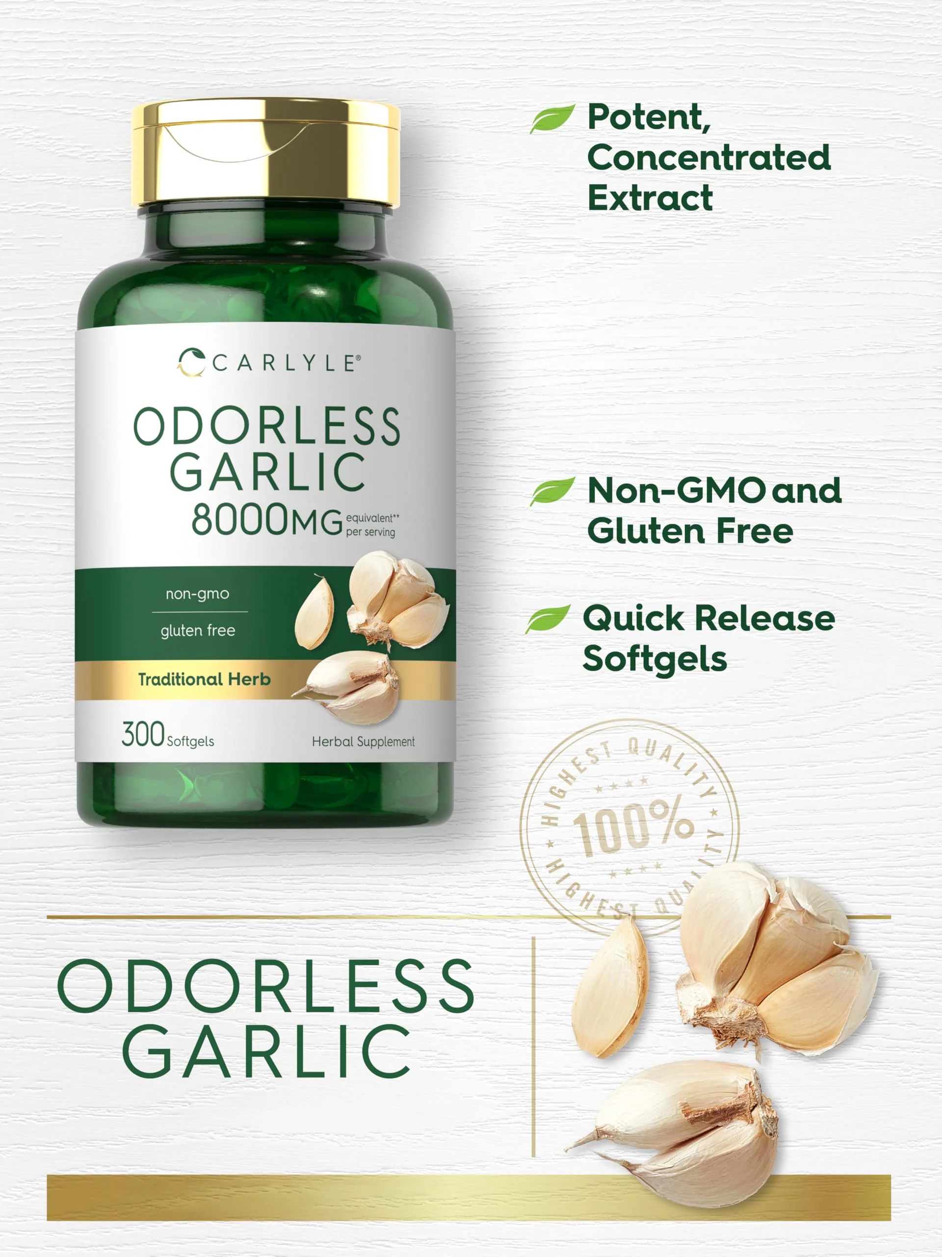 Carlyle Odorless Garlic Softgels | 300 Count | High Potency Formula | Non-GMO and Soy Free - Image 4