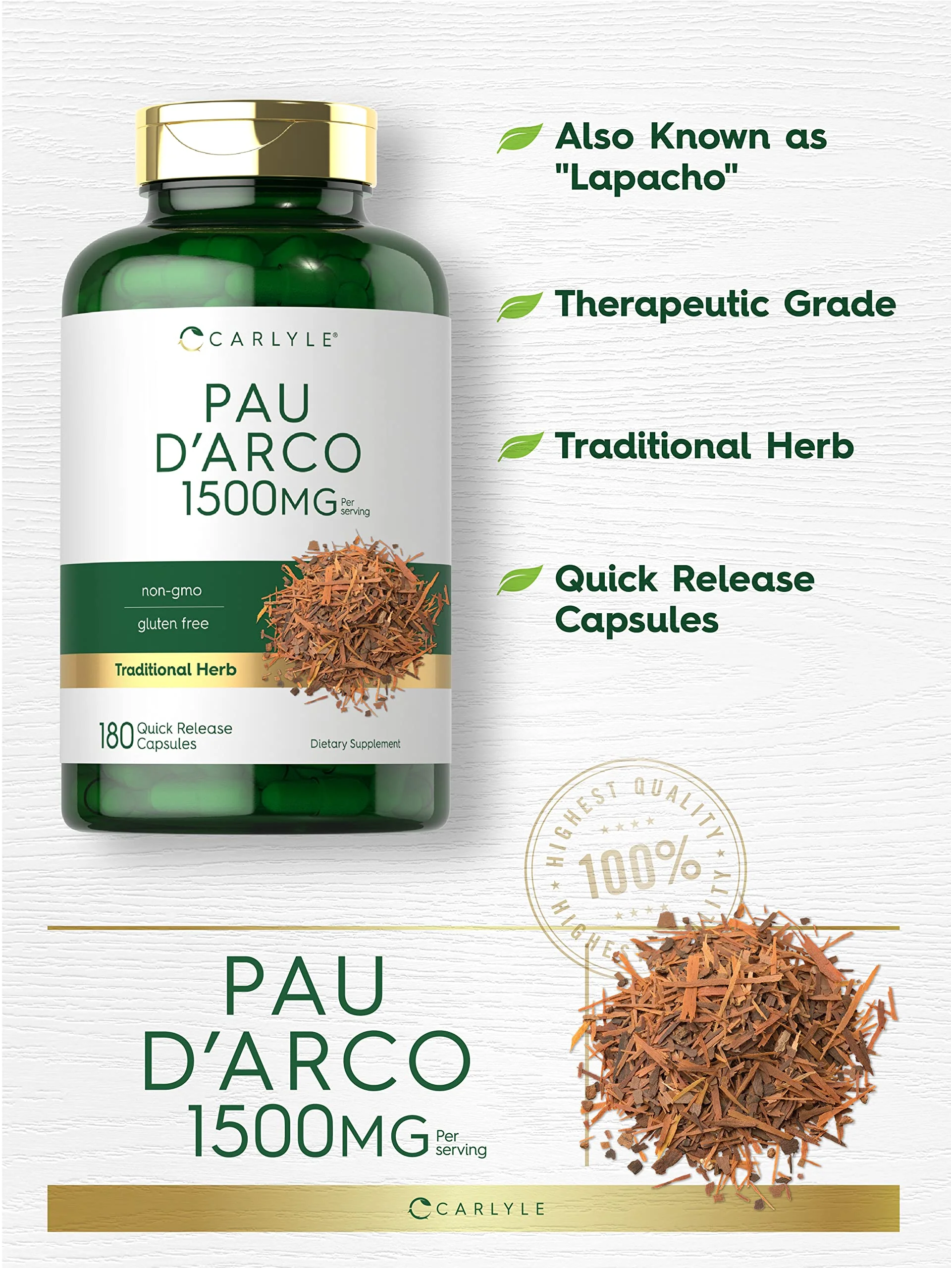 Carlyle PAU D'Arco Capsules | 1500mg | 180 Count | Non-GMO, Gluten Free | Herbal Supplement - Image 4