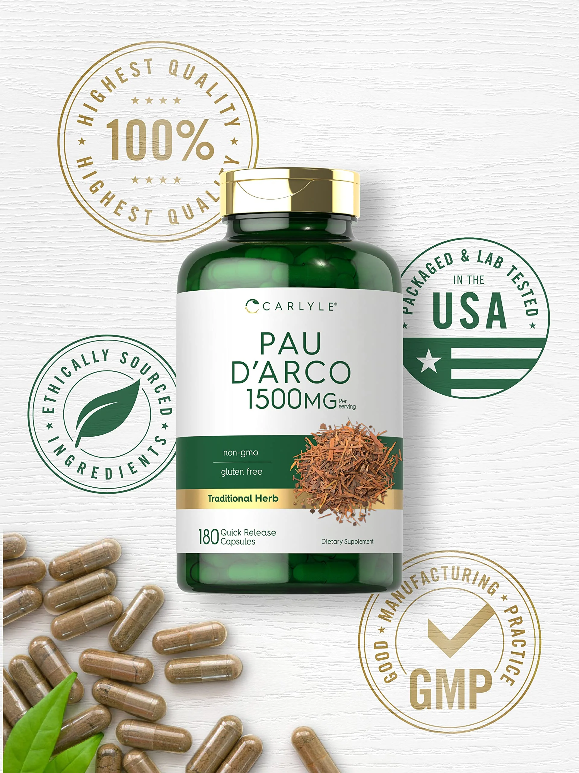 Carlyle PAU D'Arco Capsules | 1500mg | 180 Count | Non-GMO, Gluten Free | Herbal Supplement - Image 6