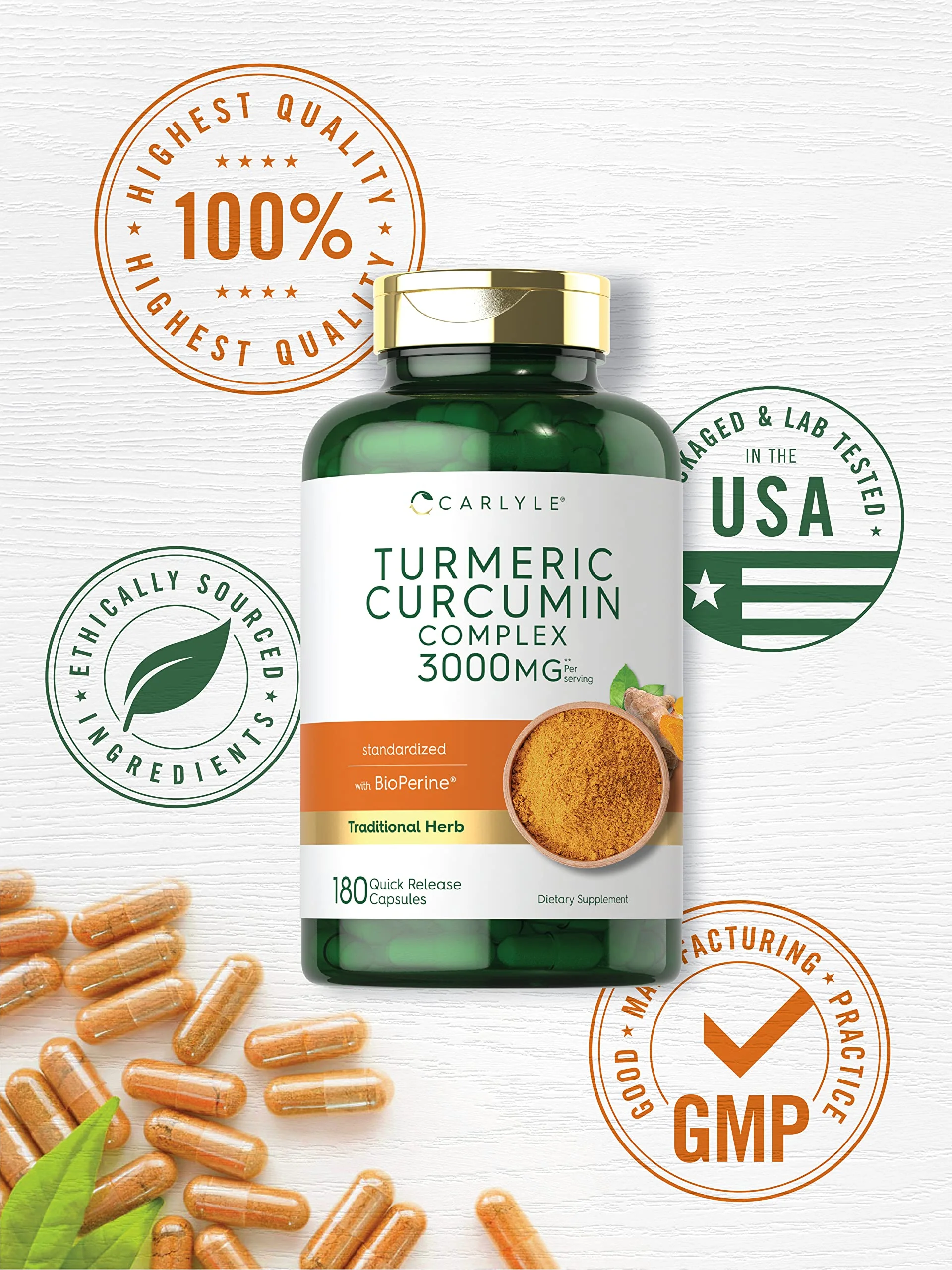 Carlyle Turmeric Curcumin Supplement | 180 Capsules | with Black Pepper, Curcuminoids and Bioperine | Non-GMO, Gluten Free - Image 4