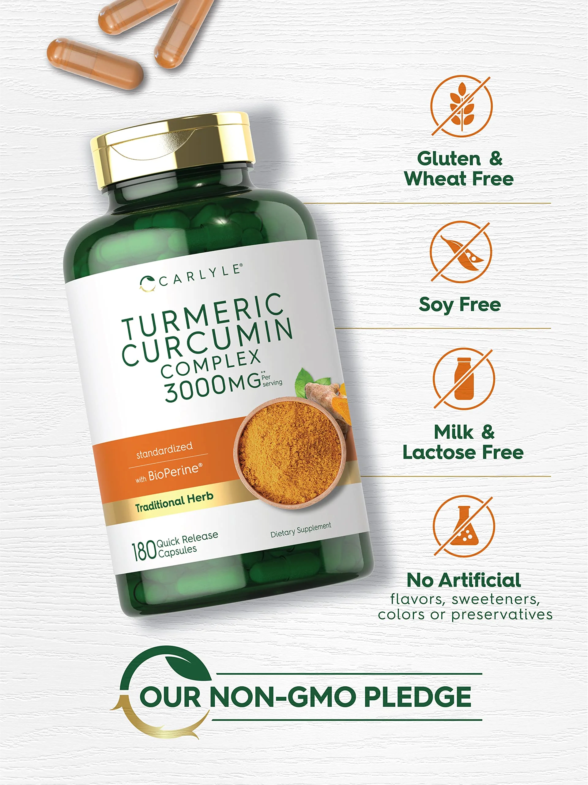 Carlyle Turmeric Curcumin Supplement | 180 Capsules | with Black Pepper, Curcuminoids and Bioperine | Non-GMO, Gluten Free - Image 5
