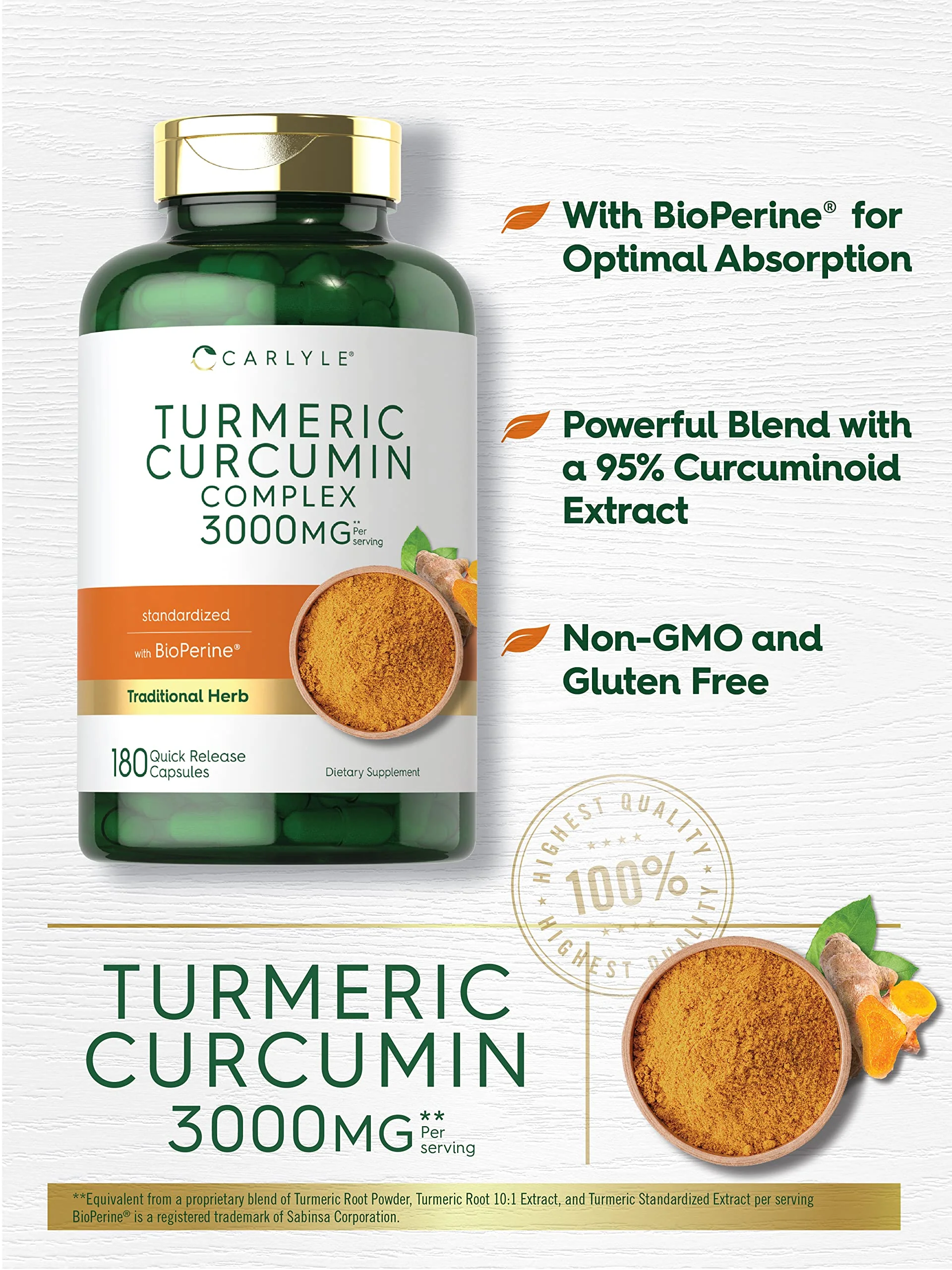 Carlyle Turmeric Curcumin Supplement | 180 Capsules | with Black Pepper, Curcuminoids and Bioperine | Non-GMO, Gluten Free - Image 6