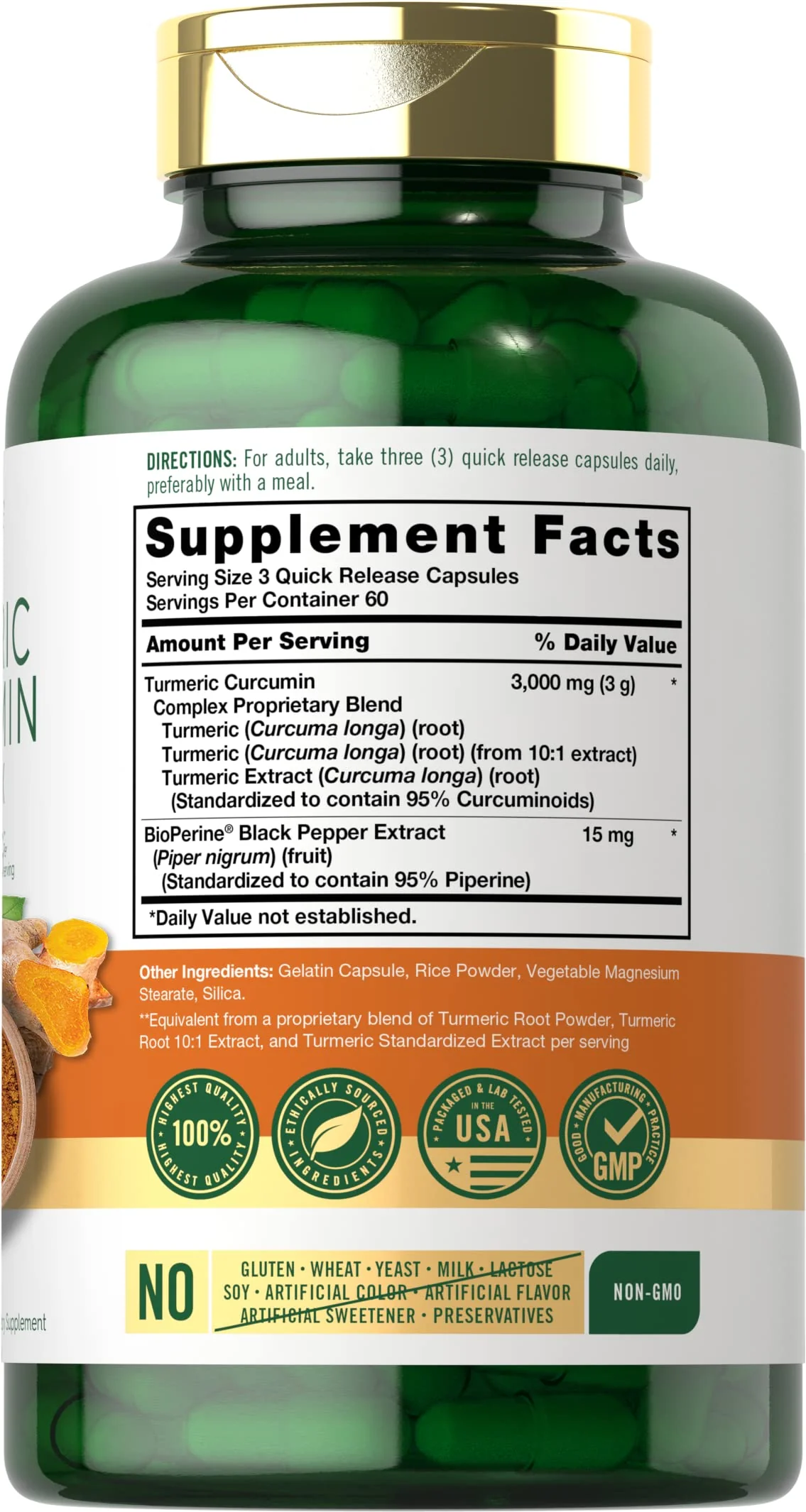 Carlyle Turmeric Curcumin Supplement | 180 Capsules | with Black Pepper, Curcuminoids and Bioperine | Non-GMO, Gluten Free - Image 7